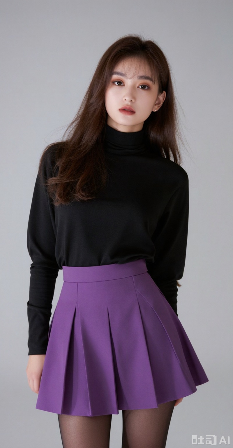 1girl,solo,long hair,looking at viewer,brown hair,black hair,brown eyes,parted lips,black eyes,lips,realistic,large breasts,meinv,
1girl,breasts,skirt,solo,pantyhose,large breasts,purple skirt,covered navel,long sleeves,taut clothes,miniskirt,pleated skirt,turtleneck,black shirt,shirt,black pantyhose,taut shirt, 
