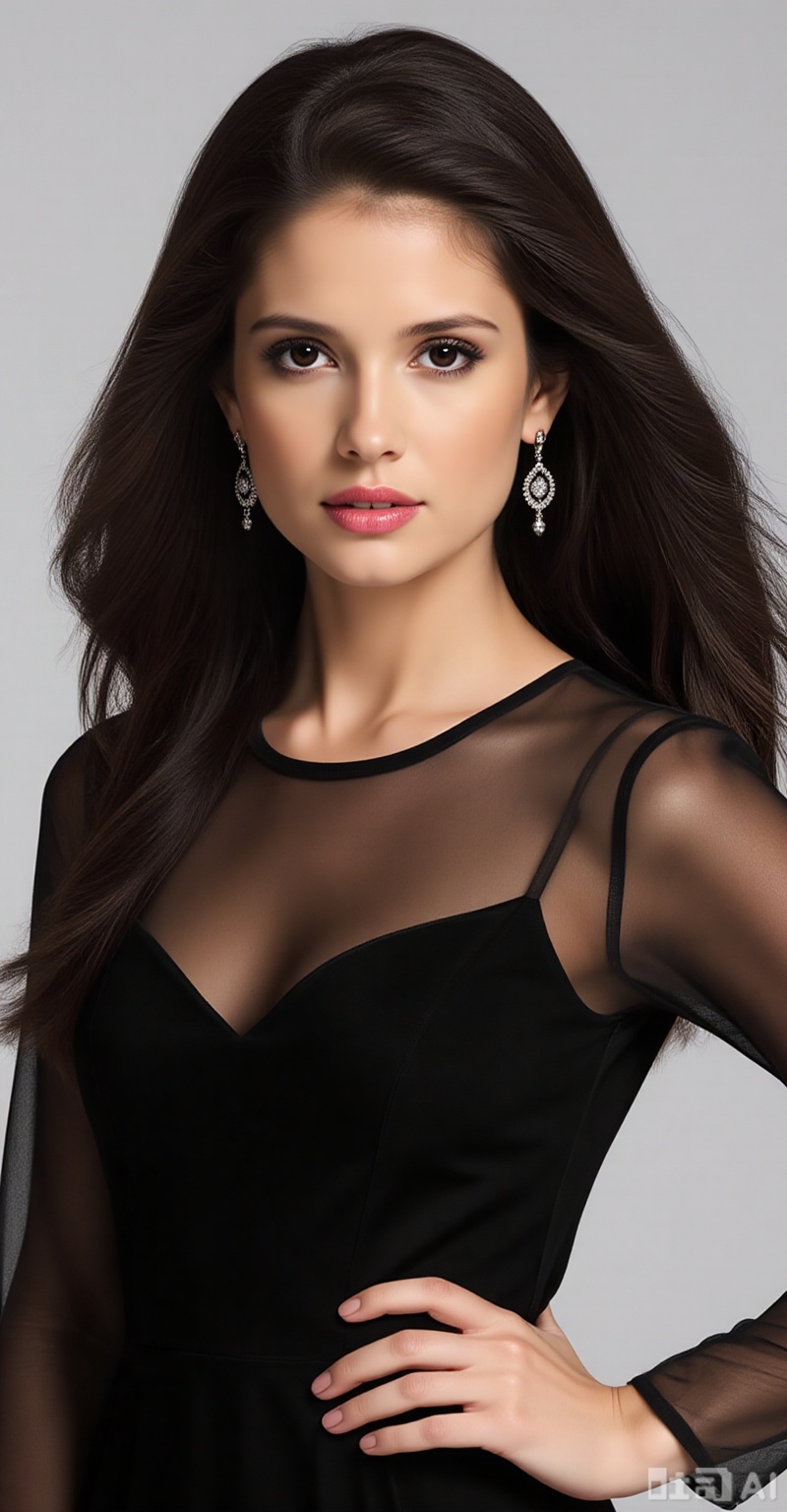 1girl, solo, long hair, looking at viewer, simple background, brown hair, black hair, brown eyes, parted lips,black eyes, lips, portrait, realistic,meinv,
1girl,solo,jewelry,earrings,see-through,dress,upper body,black dress,hand on own hip,breasts,see-through sleeves, 
