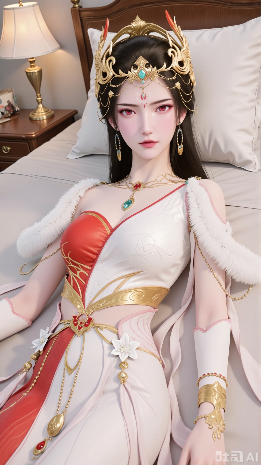 
hongdie

1girl

solo

long hair

brown hair

black hair

hair ornament

red eyes

dress

bare shoulders

jewelry

upper body

earrings

lying

indoors

necklace

white dress

pillow

book

bed

on bed

on side

lamp

3D rendering