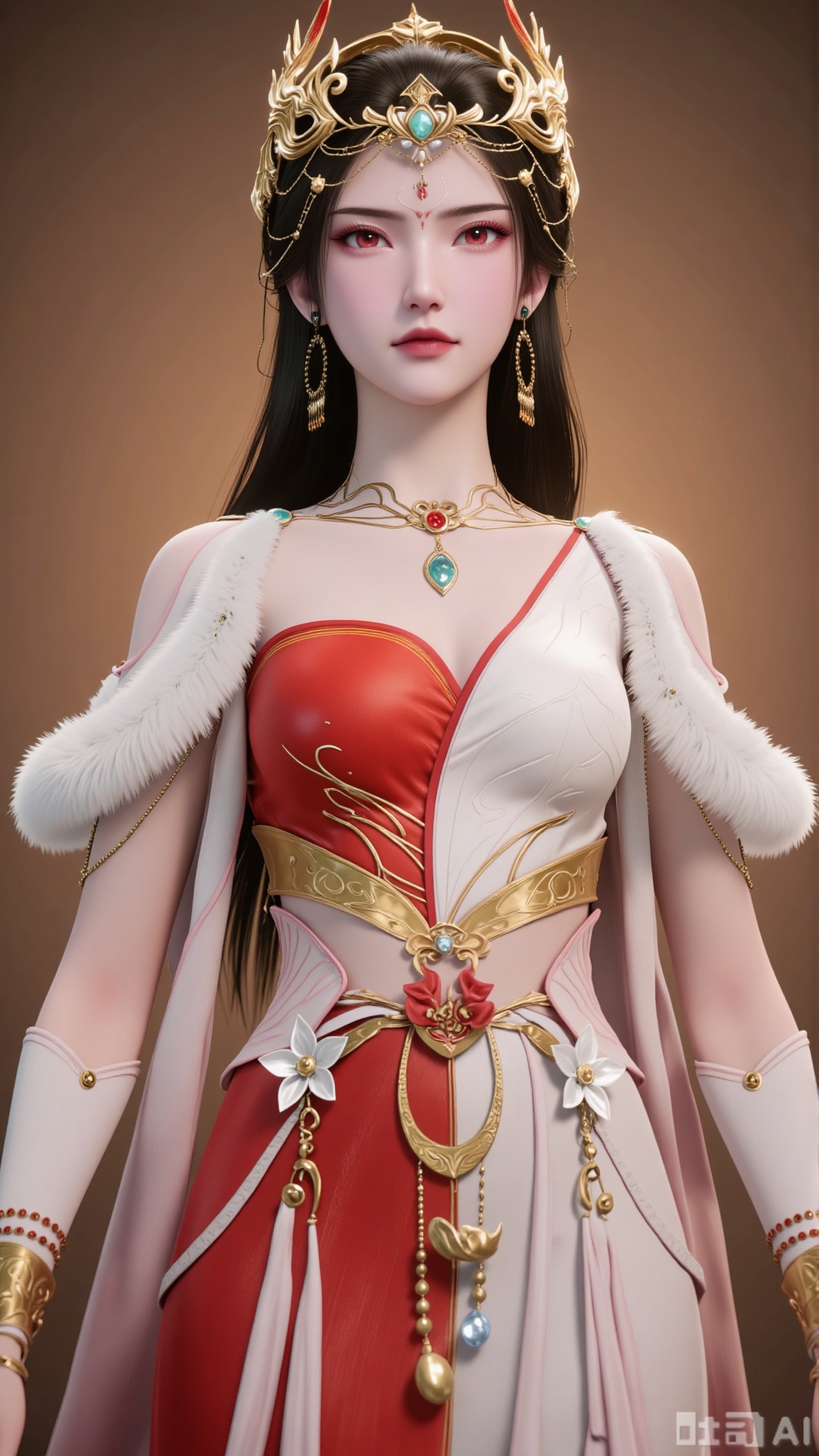 hongdie

1girl

solo

long hair

looking at viewer

skirt

brown hair

black hair

hair ornament

red eyes

dress

jewelry

upper body

earrings

necklace

sash

fur trim

red dress

brown background

arms at sides

3D rendering