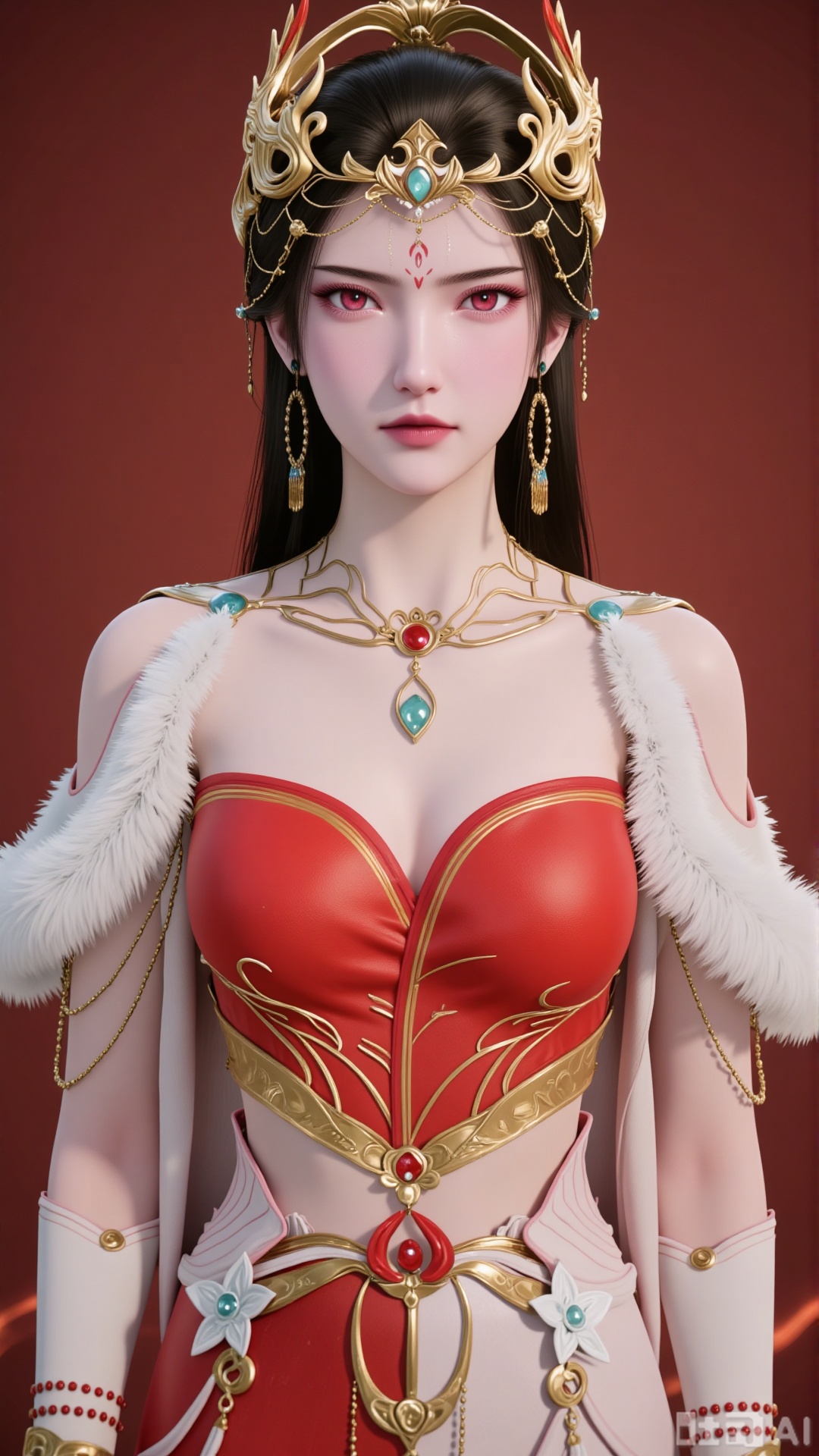 hongdie

1girl

solo

long hair

looking at viewer

skirt

brown hair

black hair

hair ornament

red eyes

dress

jewelry

upper body

earrings

necklace

sash

fur trim

red dress

brown background

arms at sides

3D rendering