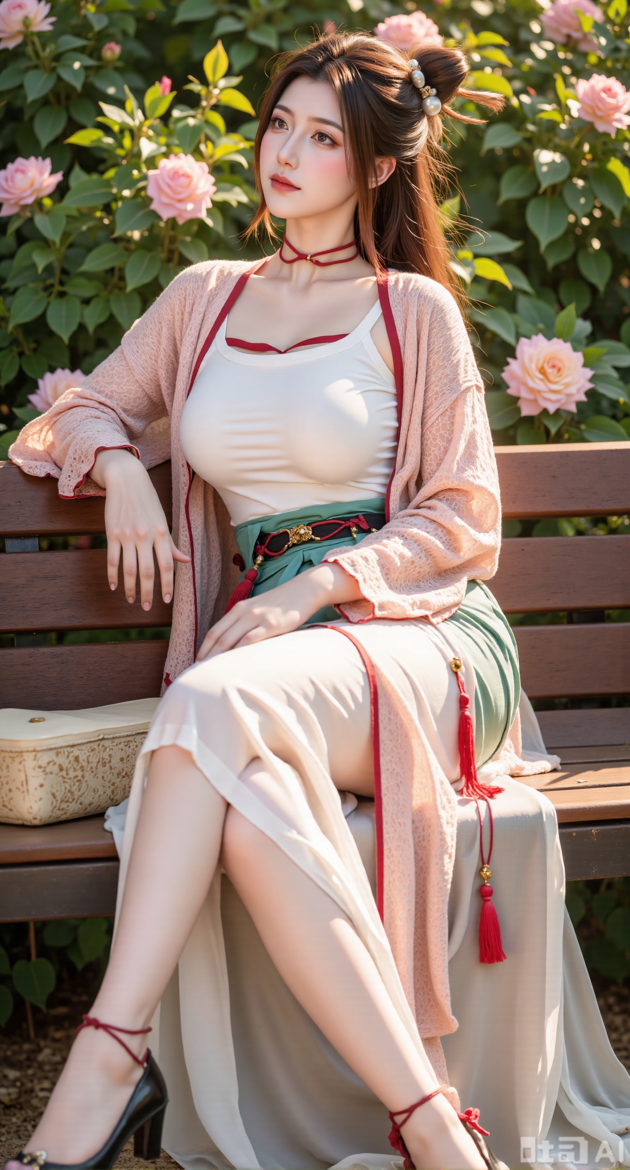 (masterpiece, best quality:1.2),A beauty wearing a pearl hairband dons a long dress, paired with a sheer knitted cardigan and Mary Jane shoes. Leaning on a garden bench filled with macaron - colored flowers,.Sunlight filters through the leaves onto her face, creating a lazy and gentle atmosphere, and her skirt sways softly in the breeze. 8K resolution, detailed texture of knitted fabric, lustrous pearl texture, vivid flower colors, soft natural light, Instagram - style filter texture.,(huge breasts:2.99),(full breasts:2.99),Xbaozhiyinhuaqun,Xlonger,Xxiaoli,Xtangheziqun,Xyunyunshouban,XgangshouCOS,Xgangshou,XQueenMedusa