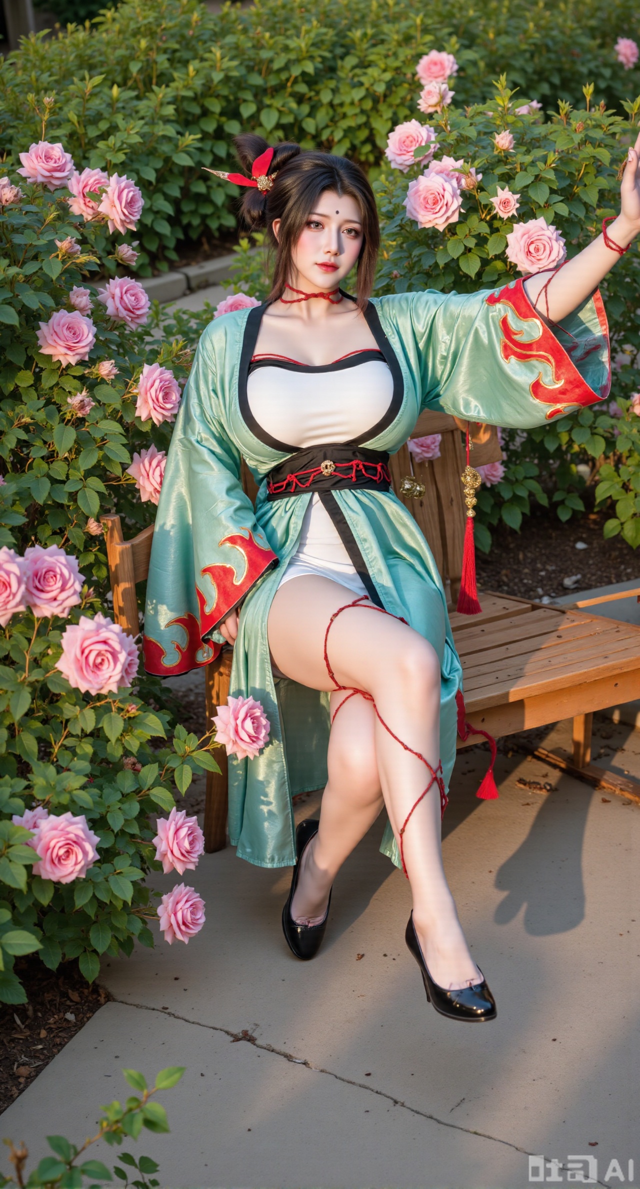 (masterpiece:1.2),best quality,,A woman ,(green|white|black dress),, black Stockings, high heels,A garden filled with pink roses and lush greenery. Soft pastel hues of white,blue,and green,creating a serene atmosphere. Photorealistic photography.,,(huge breasts:2.99),(full breasts:2.99),Xbaozhiyinhuaqun,Xlonger,Xxiaoli,Xtangheziqun,Xyunyunshouban,XgangshouCOS,Xgangshou,XQueenMedusa