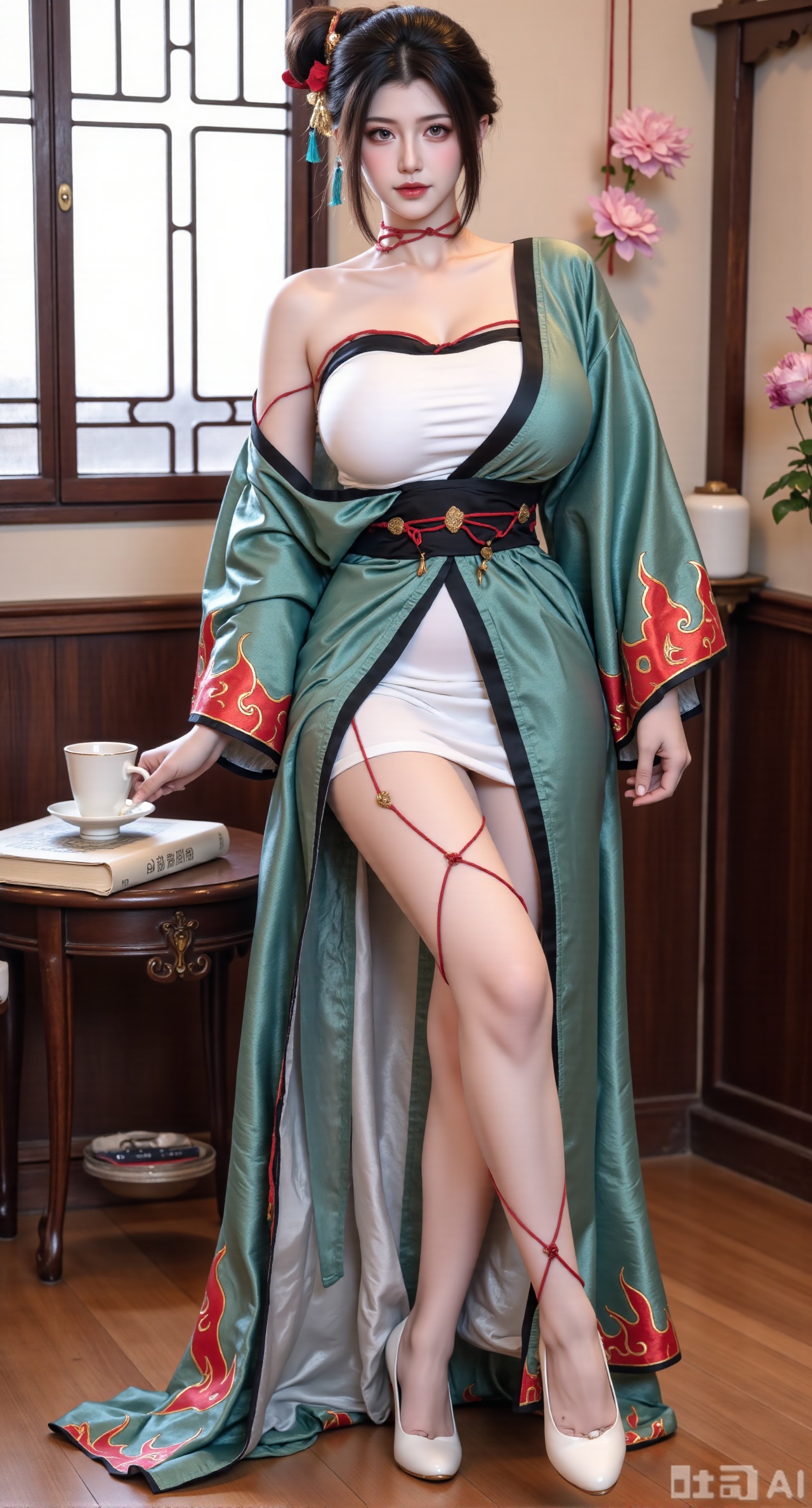  (masterpiece:1.2),Ultra clear, wallpaper, 8k, masterpiece, 1girl, solo, long hair, breasts, looking at viewer, bangs, large breasts,long dress,, bare shoulders, jewelry, black hair, standing, purple eyes, full body, flower, thighs, indoors, hair bun, long dress, high heels, cup, see-through, book, bare legs, window, table, white footwear, standing on one leg, curtains, pink flower, side slit, vase, ,(huge breasts:2.99),(full breasts:2.99),Xbaozhiyinhuaqun,Xlonger,Xxiaoli,Xtangheziqun,Xyunyunshouban,XgangshouCOS,Xgangshou,XQueenMedusa