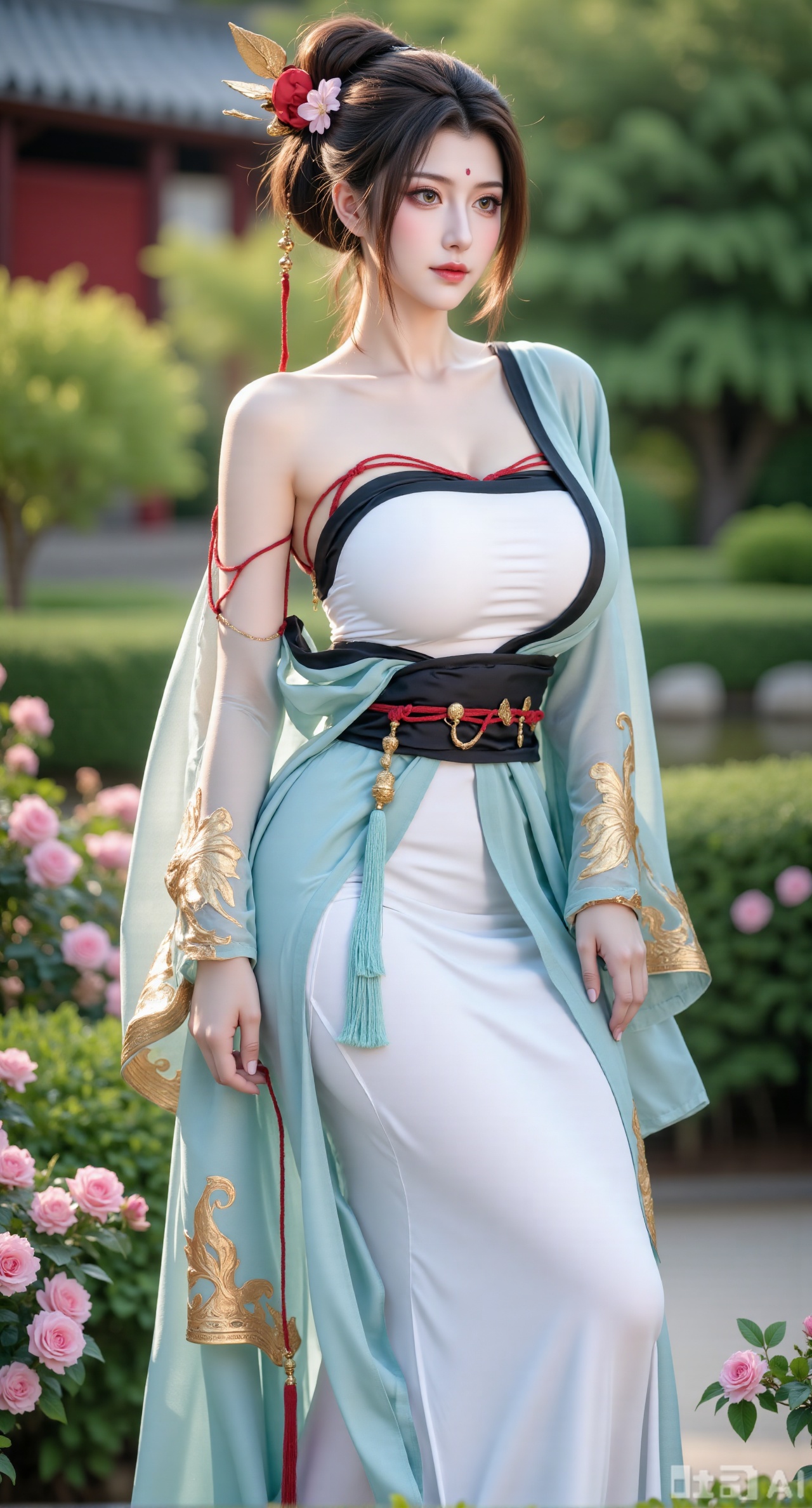 sfw,(masterpiece:1.2),best quality,,A woman adorned in traditional Chinese attire,featuring a flowing robe with intricate embroidery and floral accents. A garden filled with pink roses and lush greenery. Soft pastel hues of white,blue,and green,creating a serene atmosphere. Photorealistic photography.,,(huge breasts:2.99),(full breasts:2.99),Xbaozhiyinhuaqun,Xlonger,Xxiaoli,Xtangheziqun,Xyunyunshouban,XgangshouCOS,Xgangshou,XQueenMedusa