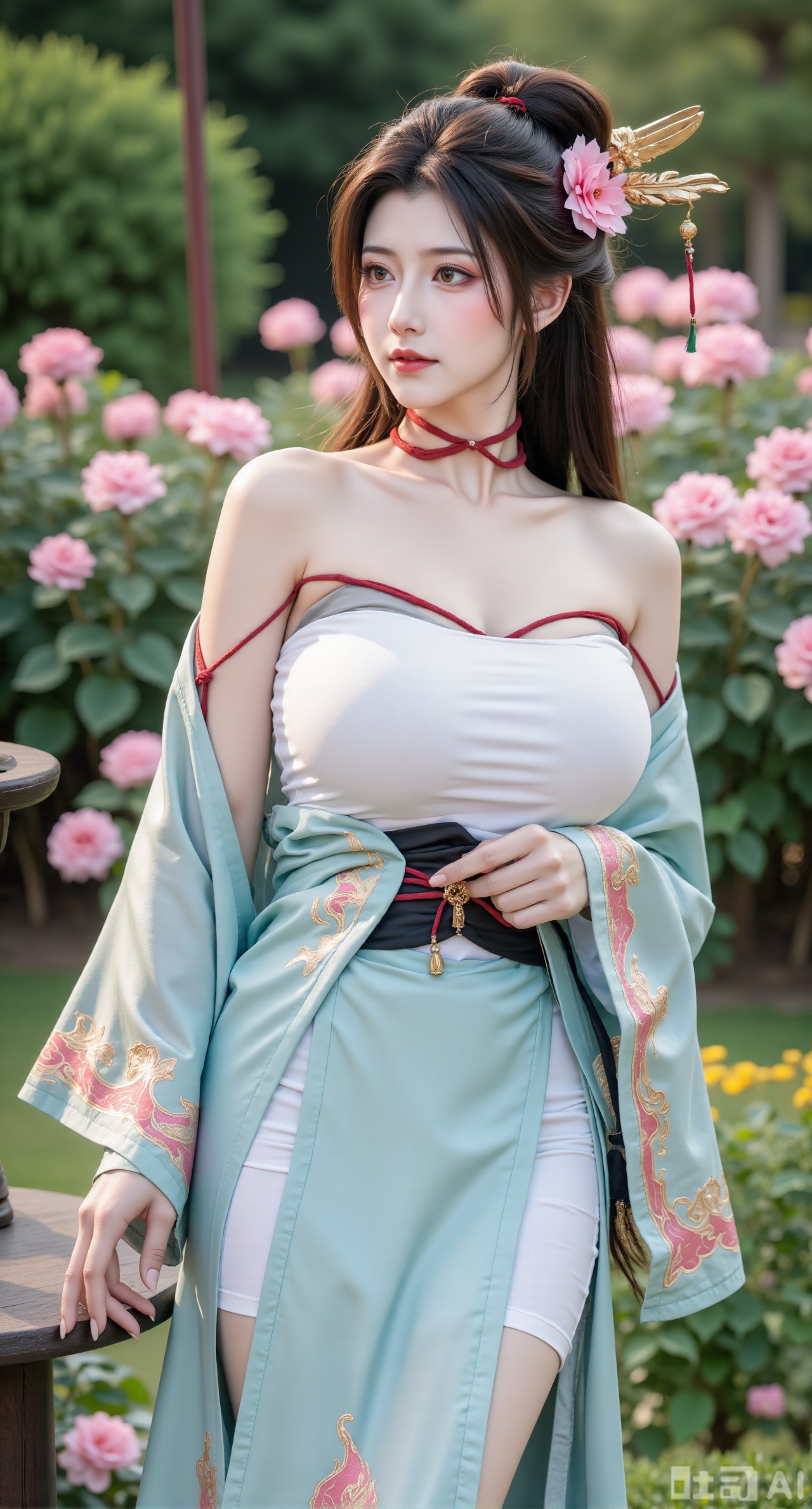 sfw,(masterpiece:1.2),best quality,,A woman adorned in traditional Chinese attire,featuring a flowing robe with intricate embroidery and floral accents. A garden filled with pink roses and lush greenery. Soft pastel hues of white,blue,and green,creating a serene atmosphere. Photorealistic photography.,,(huge breasts:2.99),(full breasts:2.99),Xbaozhiyinhuaqun,Xlonger,Xxiaoli,Xtangheziqun,Xyunyunshouban,XgangshouCOS,Xgangshou,XQueenMedusa