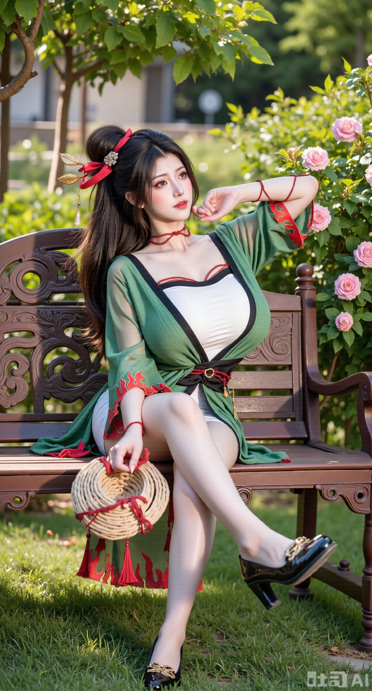 (masterpiece, best quality:1.2),A beauty ,(green|white|black dress). black Stockings, high heels,, paired with a sheer knitted cardigan and Mary Jane shoes. Leaning on a garden bench filled with macaron - colored flowers,.Sunlight filters through the leaves onto her face, creating a lazy and gentle atmosphere, and her skirt sways softly in the breeze. 8K resolution, detailed texture of knitted fabric, lustrous pearl texture, vivid flower colors, soft natural light, Instagram - style filter texture.,(huge breasts:2.99),(full breasts:2.99),Xbaozhiyinhuaqun,Xlonger,Xxiaoli,Xtangheziqun,Xyunyunshouban,XgangshouCOS,Xgangshou,XQueenMedusa