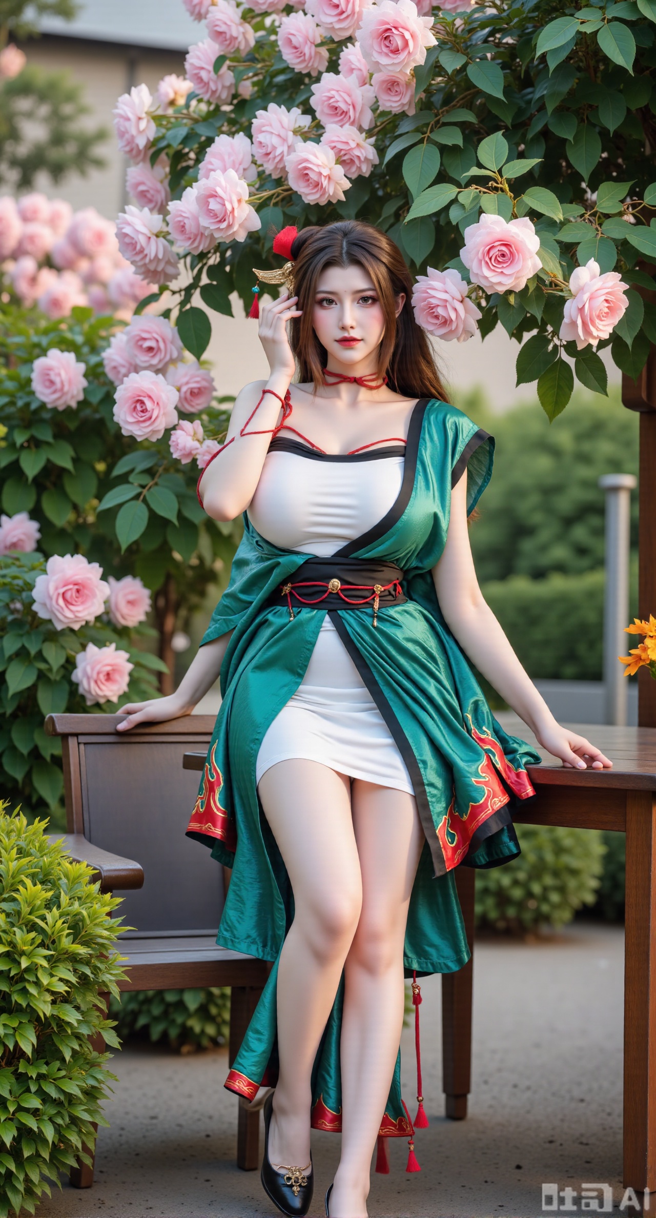 (masterpiece:1.2),best quality,,A woman ,(green|white|black dress),Standing, long legs, black Stockings, high heels,A garden filled with pink roses and lush greenery. Soft pastel hues of white,blue,and green,creating a serene atmosphere. Photorealistic photography.,,(huge breasts:2.99),(full breasts:2.99),Xbaozhiyinhuaqun,Xlonger,Xxiaoli,Xtangheziqun,Xyunyunshouban,XgangshouCOS,Xgangshou,XQueenMedusa