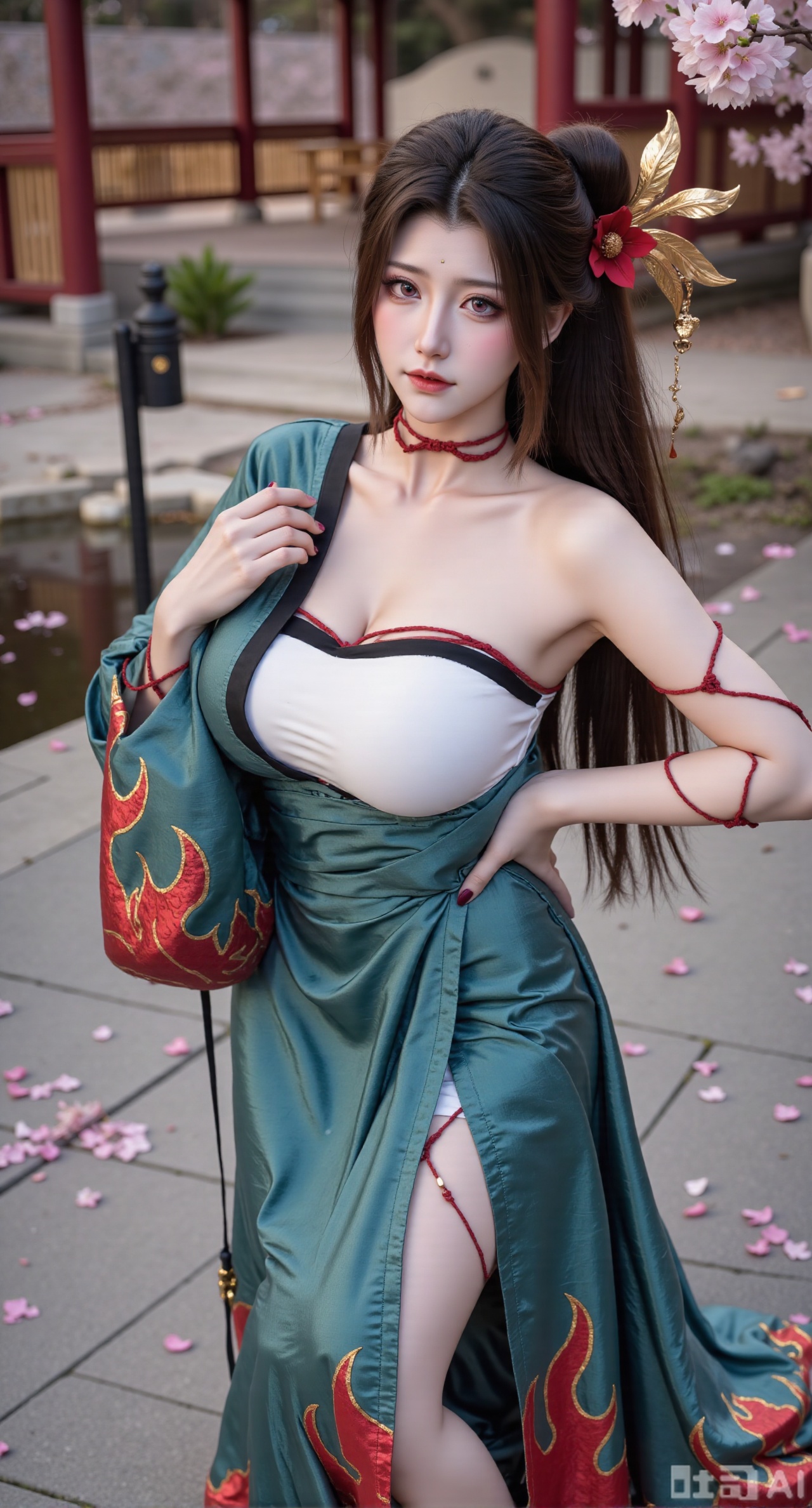 (masterpiece, best quality:1.2),1girl, solo, long hair, breasts, looking at viewer, large breasts, hair ornament, dress, bare shoulders, jewelry, purple eyes, long hair, flower, earrings, outdoors, parted lips, necklace, hand on hip, petals, hanfu dress, cherry blossoms, long dress, architecture, east asian architecture, falling petals,(gigantic breasts:2.99),(full breasts:2.99),Xbaozhiyinhuaqun,Xlonger,Xxiaoli,Xtangheziqun,Xyunyunshouban,XgangshouCOS,Xgangshou,XQueenMedusa