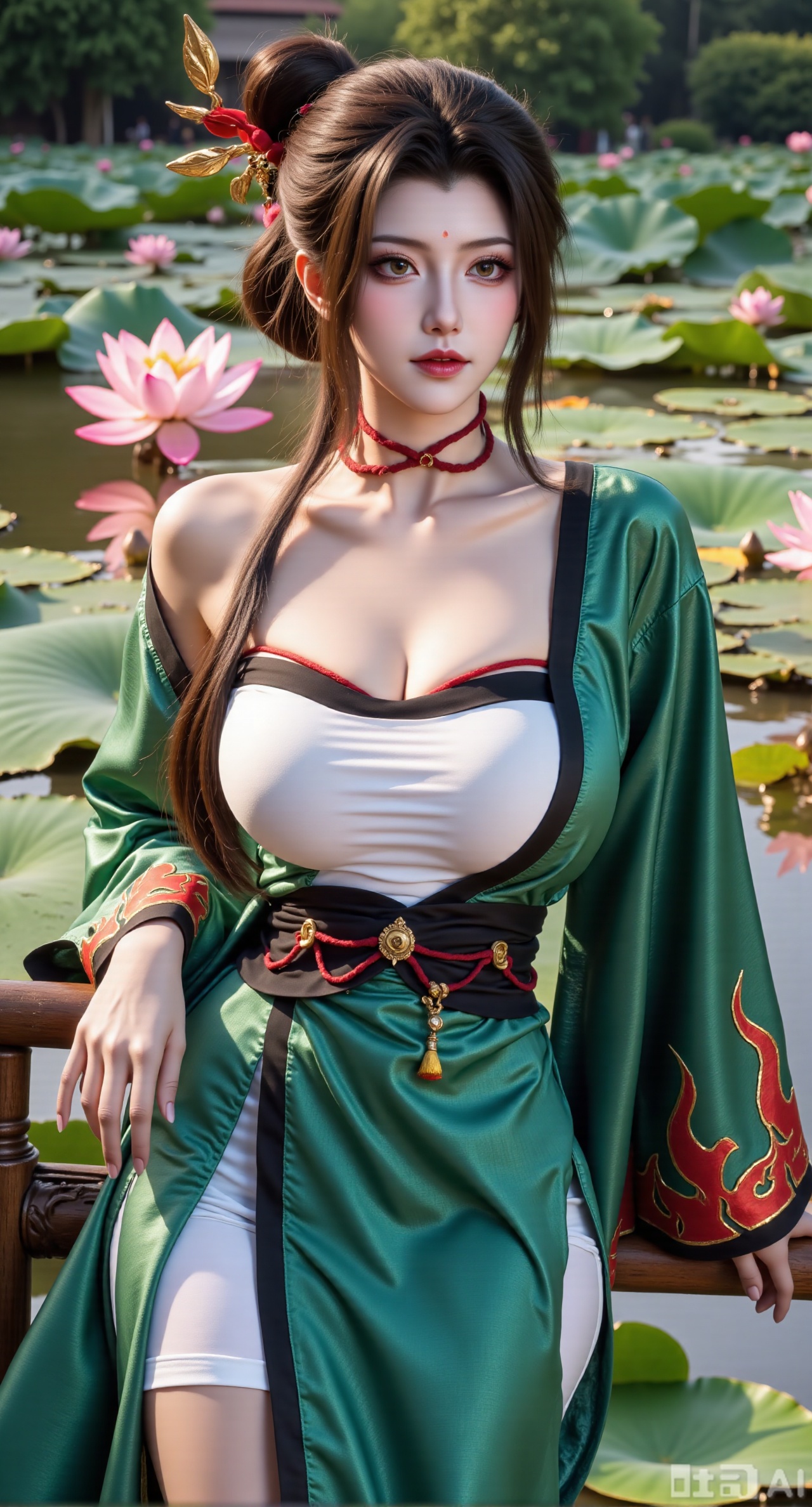 (masterpiece, best quality:1.2),1girl, navel, solo, midriff, bare shoulders, hair ornament,(long hair),(High double ponytail:1.49), red lips, BREAK, (looking at viewer:1.39), chinese clothes,(Holographic green|white|black  dress:1.36), (lace,Rainbow Gradient Color:1.28), BREAK,blurry, solo focus, long hair, lips, daytime, lipstick, outdoors, standing,upper body,(huge breasts:2.89), background, solo, makeup,(Liquid glass style flowers:1.49),(huge breasts:2.99),(full breasts:2.99),,(Background with lotus pond and pink lotus flowers:1.39),,,Xfengmian2,Xzhenxianyingling,XhenrendadiX,Xzhenxianyingling2,XhenrennvdiX,XgangshouCOS,Xgangshou,XMedusaQueen