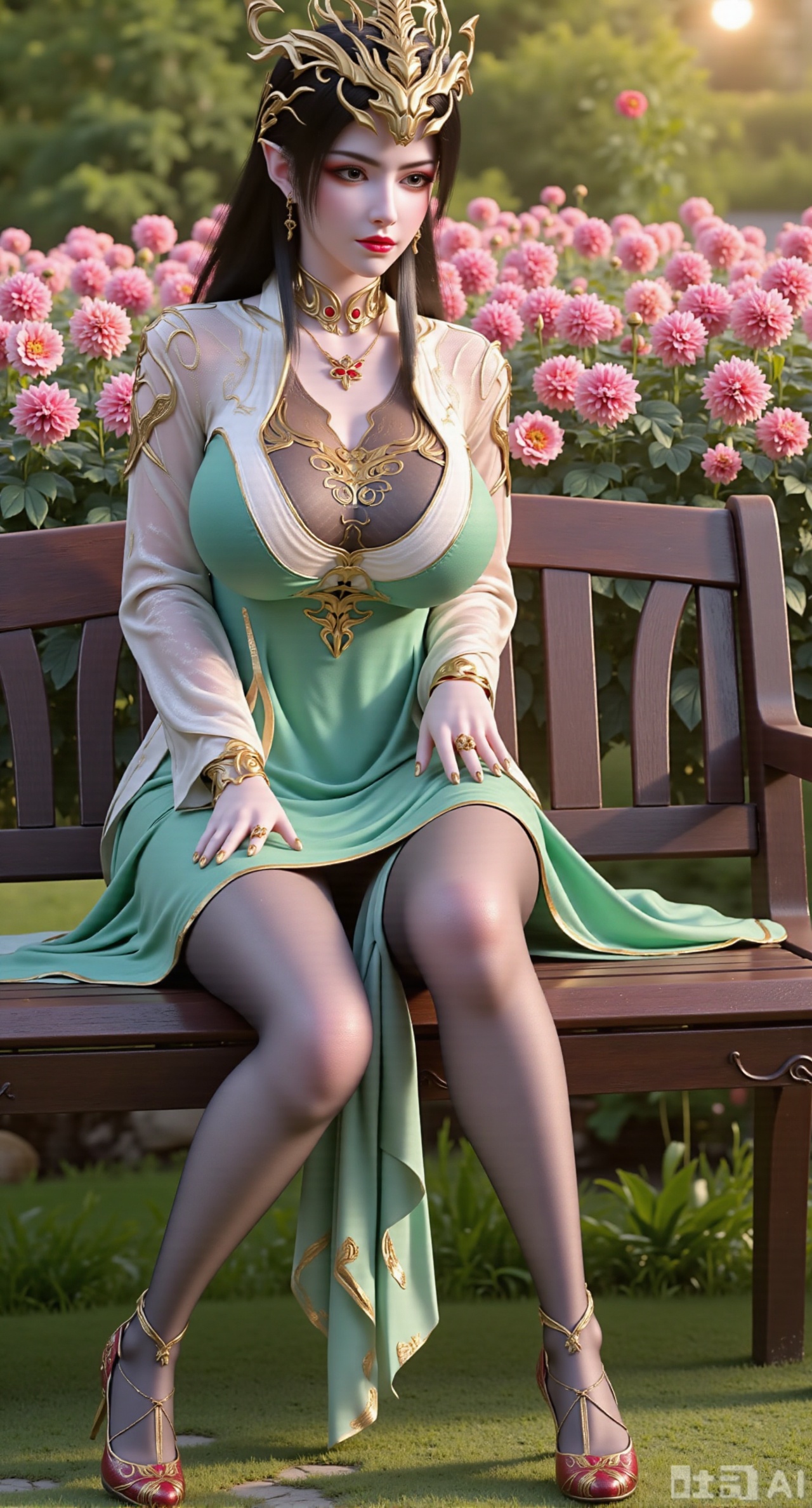 (masterpiece, best quality:1.2),A beauty ,(green|white dress). black Stockings, high heels,, paired with a sheer knitted cardigan and Mary Jane shoes. Leaning on a garden bench filled with macaron - colored flowers,.Sunlight filters through the leaves onto her face, creating a lazy and gentle atmosphere, and her skirt sways softly in the breeze. 8K resolution, detailed texture of knitted fabric, lustrous pearl texture, vivid flower colors, soft natural light, Instagram - style filter texture.,(huge breasts:2.99),(full breasts:2.99),Xfengmian2,Xzhenxianyingling,XhenrendadiX,Xzhenxianyingling2,XhenrennvdiX,XgangshouCOS,Xgangshou,XMedusaQueen