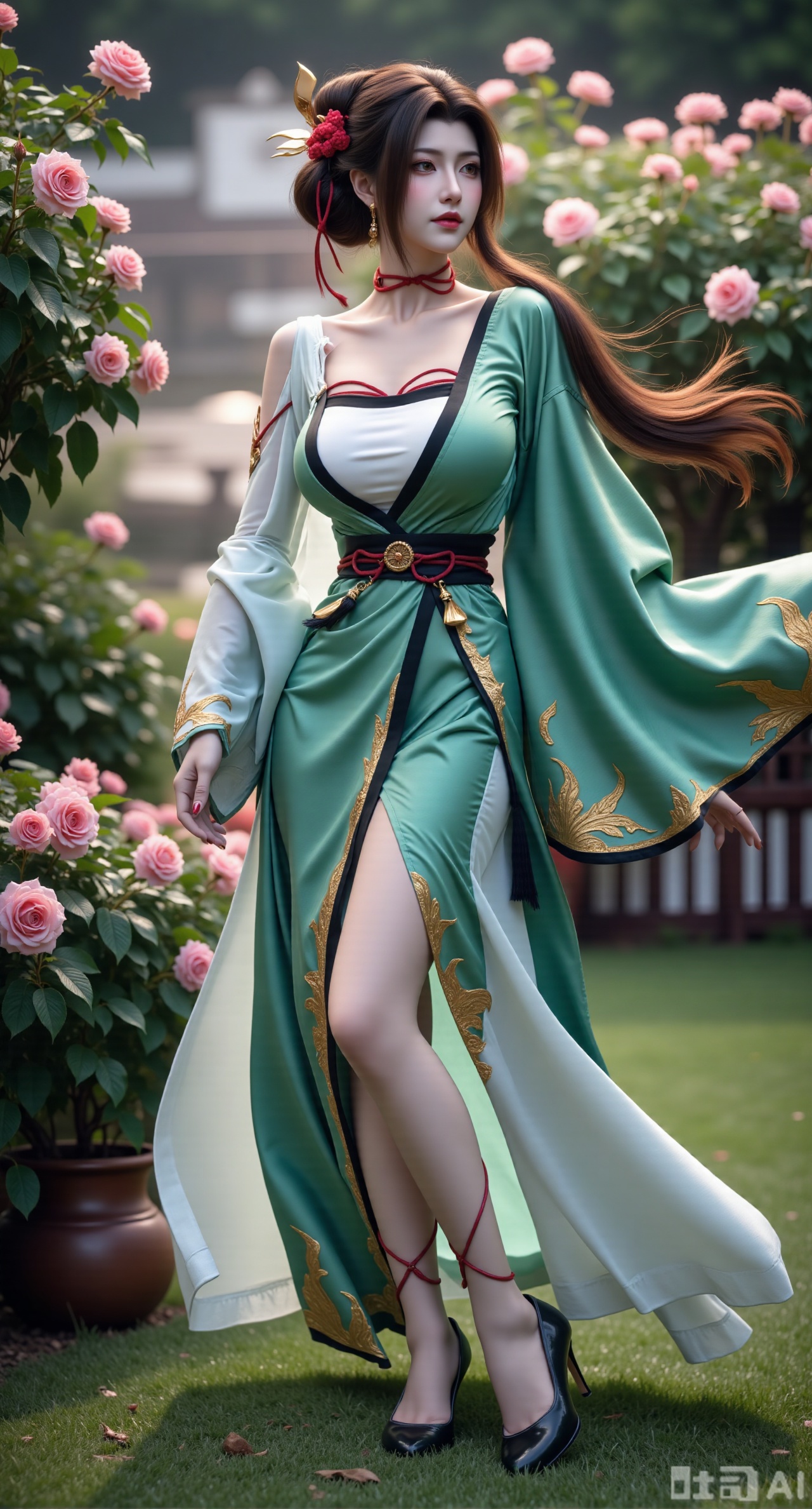  (masterpiece:1.2),best quality,,A woman ,(green|white|black dress). black Stockings, high heels,,featuring a flowing robe with intricate embroidery and floral accents. A garden filled with pink roses and lush greenery. Soft pastel hues of white,blue,and green,creating a serene atmosphere. Photorealistic photography.,,(huge breasts:2.99),(full breasts:2.99),Xfengmian2,Xzhenxianyingling,XhenrendadiX,Xzhenxianyingling2,XhenrennvdiX,XgangshouCOS,Xgangshou,XMedusaQueen