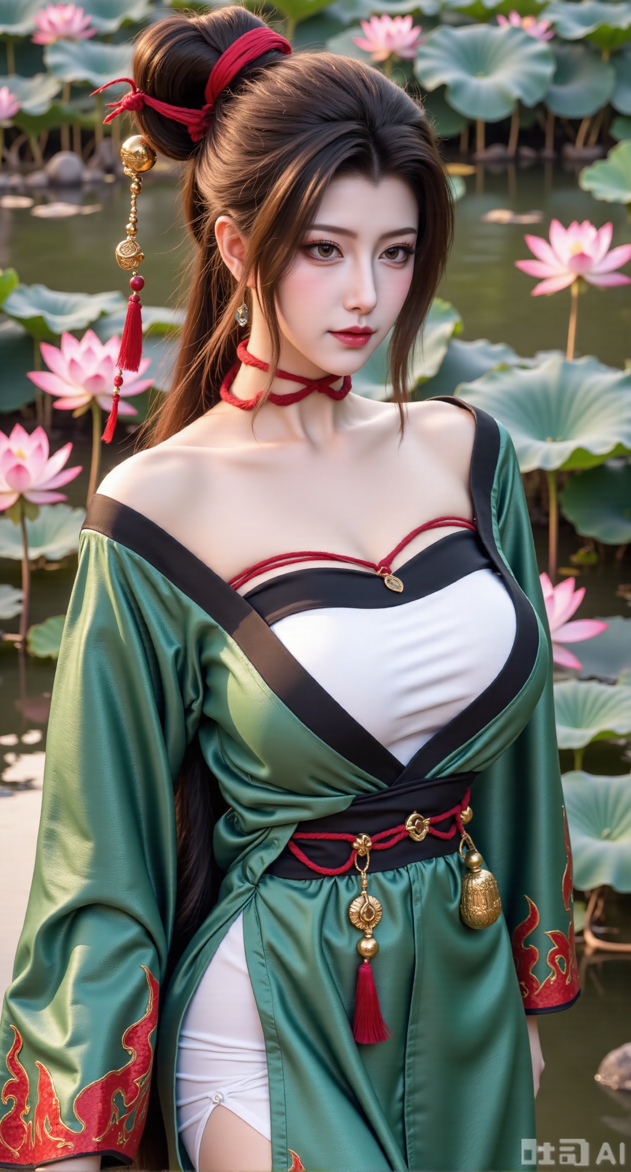 (masterpiece, best quality:1.2),1girl, navel, solo, midriff, bare shoulders, hair ornament,(long hair),(High double ponytail:1.49), red lips, BREAK, (looking at viewer:1.39), chinese clothes,(Holographic green|white|black  dress:1.36), (lace,Rainbow Gradient Color:1.28), BREAK,blurry, solo focus, long hair, lips, daytime, lipstick, outdoors, standing,upper body,(huge breasts:2.89), background, solo, makeup,(Liquid glass style flowers:1.49),(huge breasts:2.99),(full breasts:2.99),,(Background with lotus pond and pink lotus flowers:1.39),,,Xfengmian2,Xzhenxianyingling,XhenrendadiX,Xzhenxianyingling2,XhenrennvdiX,XgangshouCOS,Xgangshou,XMedusaQueen