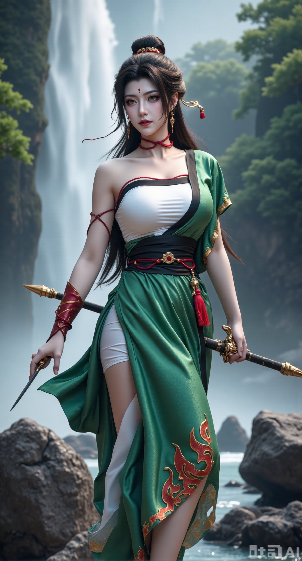 (masterpiece,best quality:1.23),Dominant sister-type girl, green|white  dress, perfect body, in a valley with a rushing waterfall, holding a long sword, sharp gaze, mist pervading, magnificent aura.(huge breasts, full breasts:2.99),,Xfengmian2,Xzhenxianyingling,XhenrendadiX,Xzhenxianyingling2,XhenrennvdiX,XgangshouCOS,Xgangshou,XMedusaQueen