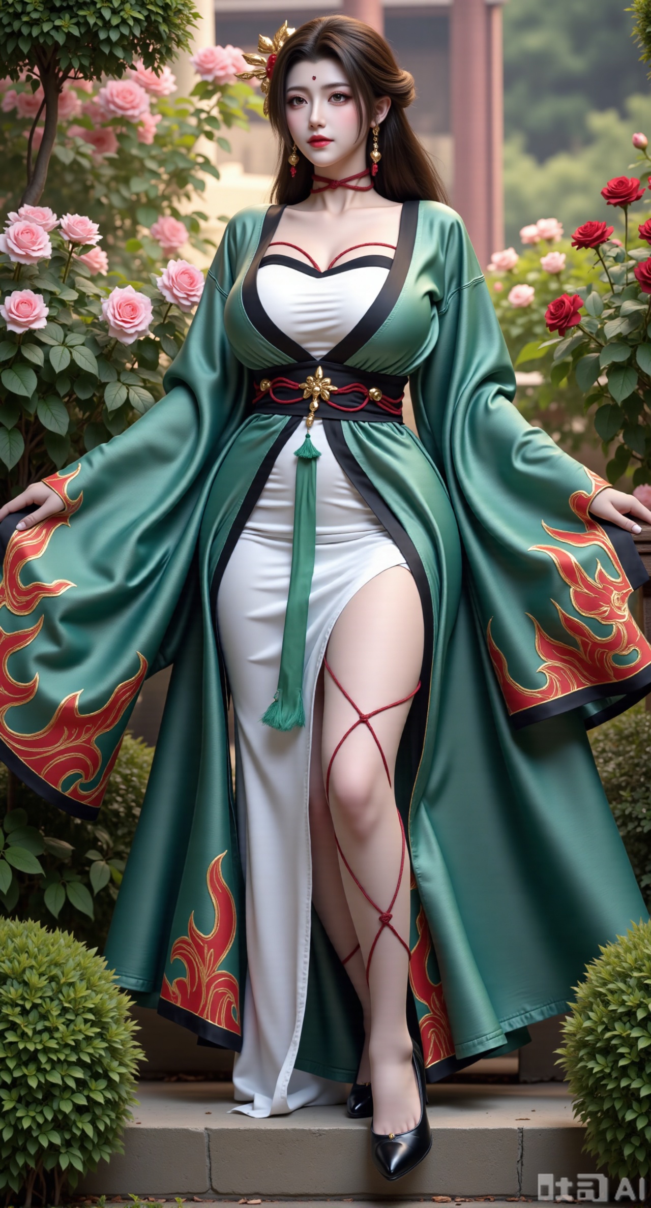  (masterpiece:1.2),best quality,,A woman ,(green|white|black dress). black Stockings, high heels,,featuring a flowing robe with intricate embroidery and floral accents. A garden filled with pink roses and lush greenery. Soft pastel hues of white,blue,and green,creating a serene atmosphere. Photorealistic photography.,,(huge breasts:2.99),(full breasts:2.99),Xfengmian2,Xzhenxianyingling,XhenrendadiX,Xzhenxianyingling2,XhenrennvdiX,XgangshouCOS,Xgangshou,XMedusaQueen