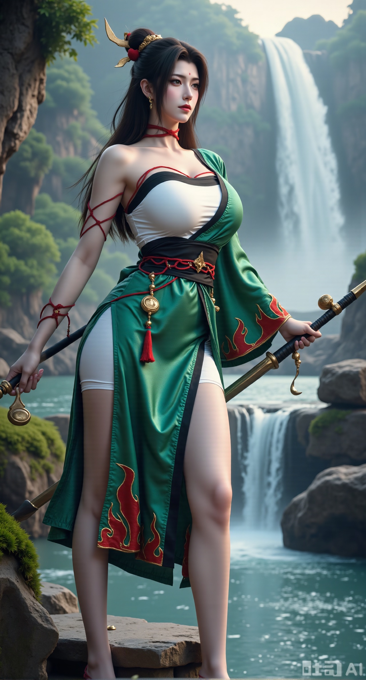 (masterpiece,best quality:1.23),Dominant sister-type girl, green|white  dress, perfect body, in a valley with a rushing waterfall, holding a long sword, sharp gaze, mist pervading, magnificent aura.(huge breasts, full breasts:2.99),,Xfengmian2,Xzhenxianyingling,XhenrendadiX,Xzhenxianyingling2,XhenrennvdiX,XgangshouCOS,Xgangshou,XMedusaQueen