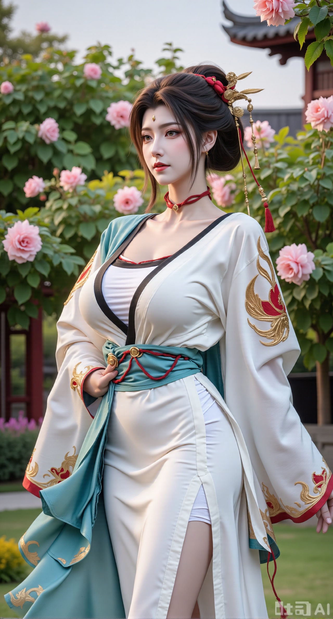  (masterpiece:1.2),best quality,,A woman adorned in traditional Chinese attire,featuring a flowing robe with intricate embroidery and floral accents. A garden filled with pink roses and lush greenery. Soft pastel hues of white,blue,and green,creating a serene atmosphere. Photorealistic photography.,,(huge breasts:2.99),(full breasts:2.99),Xfengmian2,Xzhenxianyingling,XhenrendadiX,Xzhenxianyingling2,XhenrennvdiX,XgangshouCOS,Xgangshou,XMedusaQueen