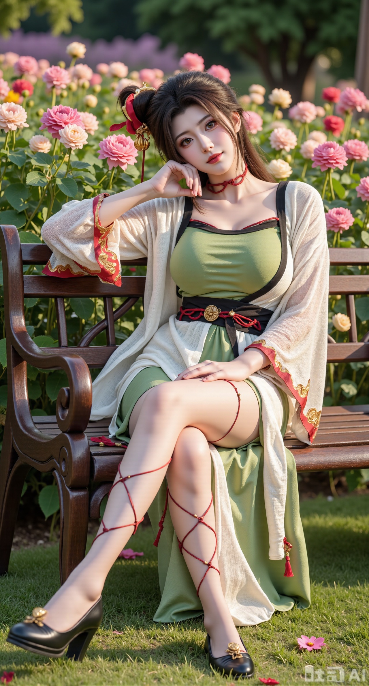 (masterpiece, best quality:1.2),A beauty ,(green|white dress). black Stockings, high heels,, paired with a sheer knitted cardigan and Mary Jane shoes. Leaning on a garden bench filled with macaron - colored flowers,.Sunlight filters through the leaves onto her face, creating a lazy and gentle atmosphere, and her skirt sways softly in the breeze. 8K resolution, detailed texture of knitted fabric, lustrous pearl texture, vivid flower colors, soft natural light, Instagram - style filter texture.,(huge breasts:2.99),(full breasts:2.99),Xfengmian2,Xzhenxianyingling,XhenrendadiX,Xzhenxianyingling2,XhenrennvdiX,XgangshouCOS,Xgangshou,XMedusaQueen