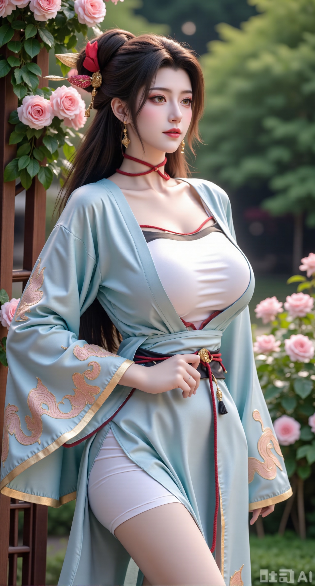  (masterpiece:1.2),best quality,,A woman adorned in traditional Chinese attire,featuring a flowing robe with intricate embroidery and floral accents. A garden filled with pink roses and lush greenery. Soft pastel hues of white,blue,and green,creating a serene atmosphere. Photorealistic photography.,,(huge breasts:2.99),(full breasts:2.99),Xfengmian2,Xzhenxianyingling,XhenrendadiX,Xzhenxianyingling2,XhenrennvdiX,XgangshouCOS,Xgangshou,XMedusaQueen