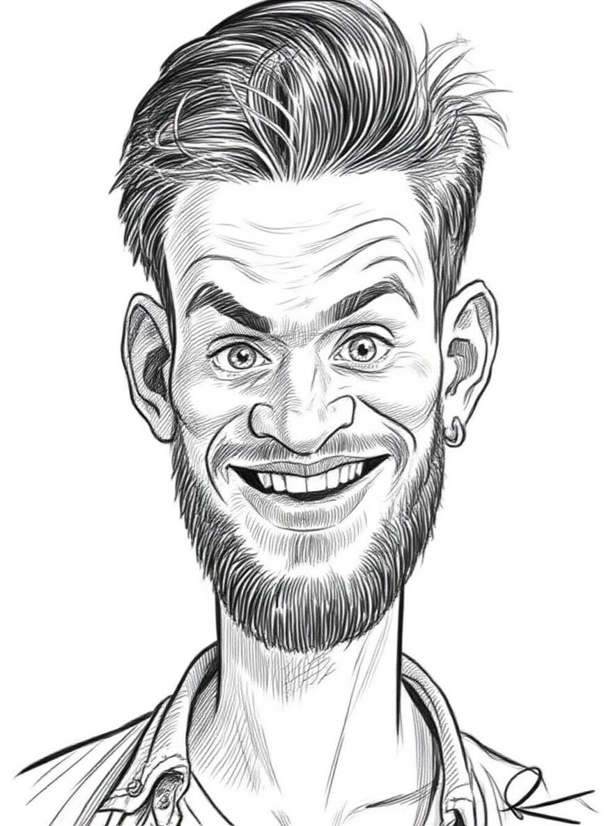 transform to caricature,  Black and white caricature portrait ,  pen and ink drawing on Tensor.Art