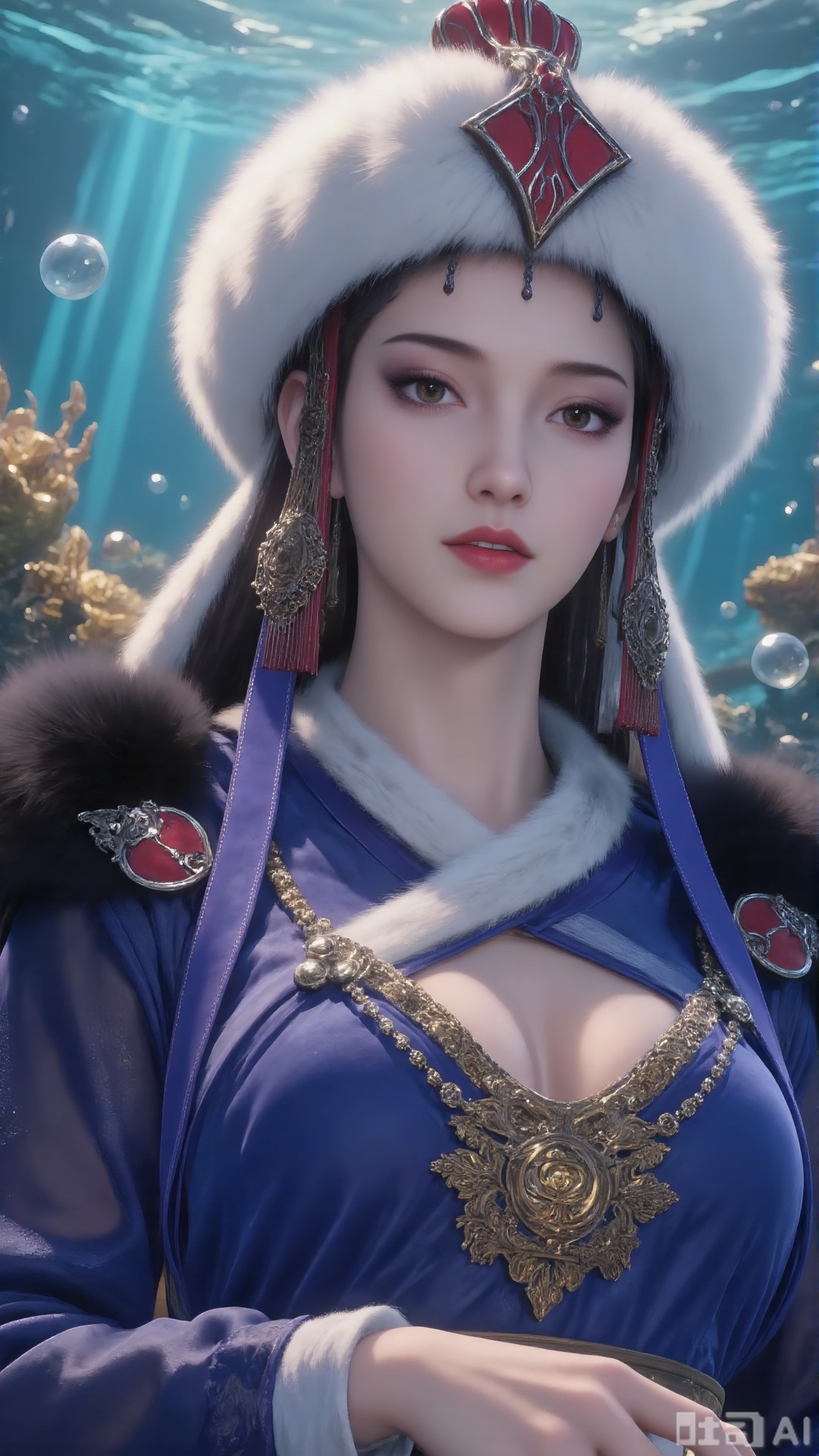 a highly detailed and stylized digital artwork of a person dressed in traditional,  ornate clothing The individual is ador...