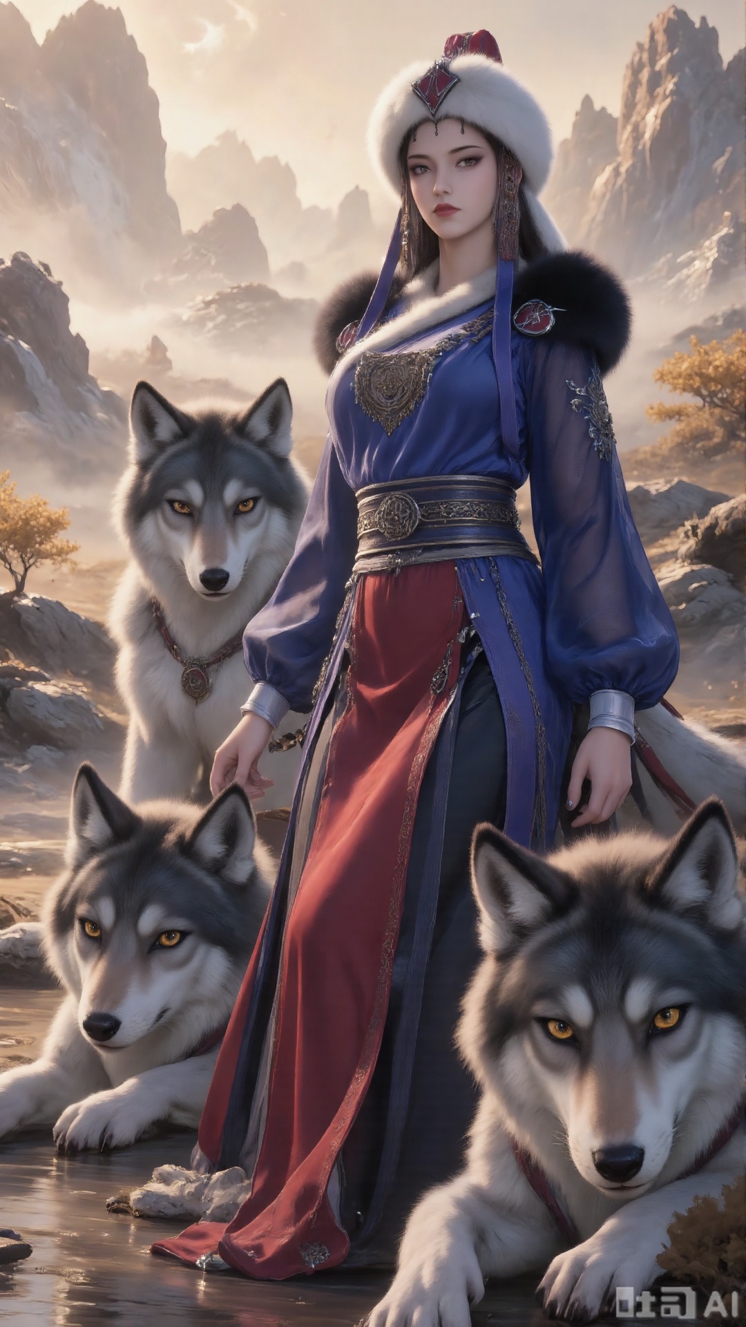 a fantasy-themed artwork featuring a woman dressed in elaborate,  traditional attire,  standing alongside two wolves The w...