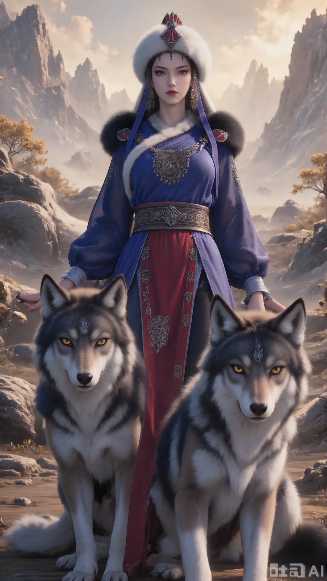 a fantasy-themed artwork featuring a woman dressed in elaborate,  traditional attire,  standing alongside two wolves The w...
