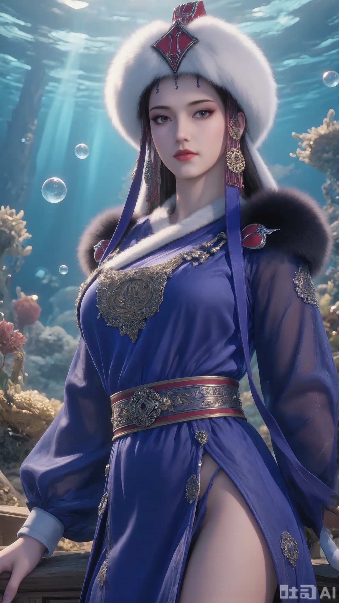 a highly detailed and stylized digital artwork of a person dressed in traditional,  ornate clothing The individual is ador...