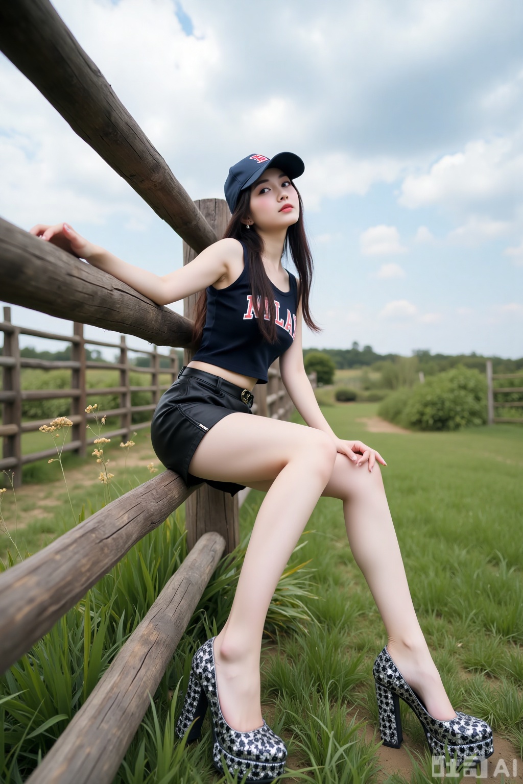 Realistic photo of a young woman with long hair, baseball cap, fair skin, big breasts, short sports vest, exposed belly, short leather skirt, long legs, sequined high heels, full body, sitting in Mulan Mountain, one foot on the fence, the other foot close to the camera, summer outdoor grassland, perspective lens,