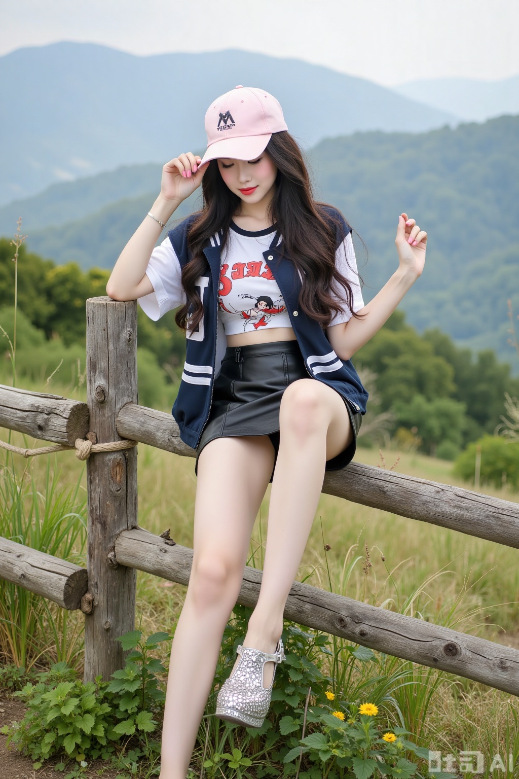 Realistic photo of a young woman with long hair, baseball cap, fair skin, big breasts, short sports vest, exposed belly, short leather skirt, long legs, sequined high heels, full body, sitting in Mulan Mountain, one foot on the fence, the other foot close to the camera, summer outdoor grassland, perspective lens,