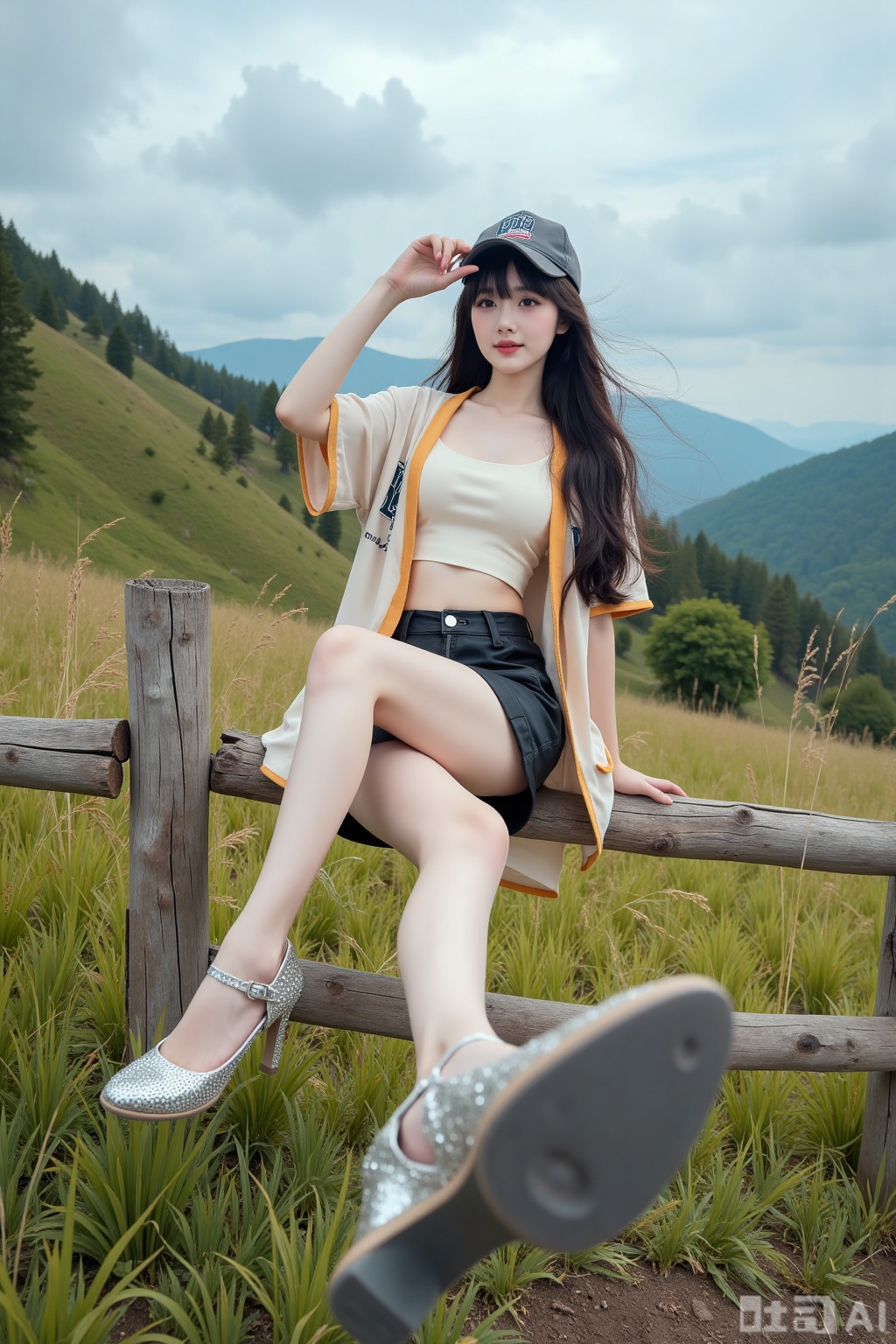 Realistic photo of a young woman with long hair, baseball cap, fair skin, big breasts, short sports vest, exposed belly, short leather skirt, long legs, sequined high heels, full body, sitting in Mulan Mountain, one foot on the fence, the other foot close to the camera, summer outdoor grassland, perspective lens,