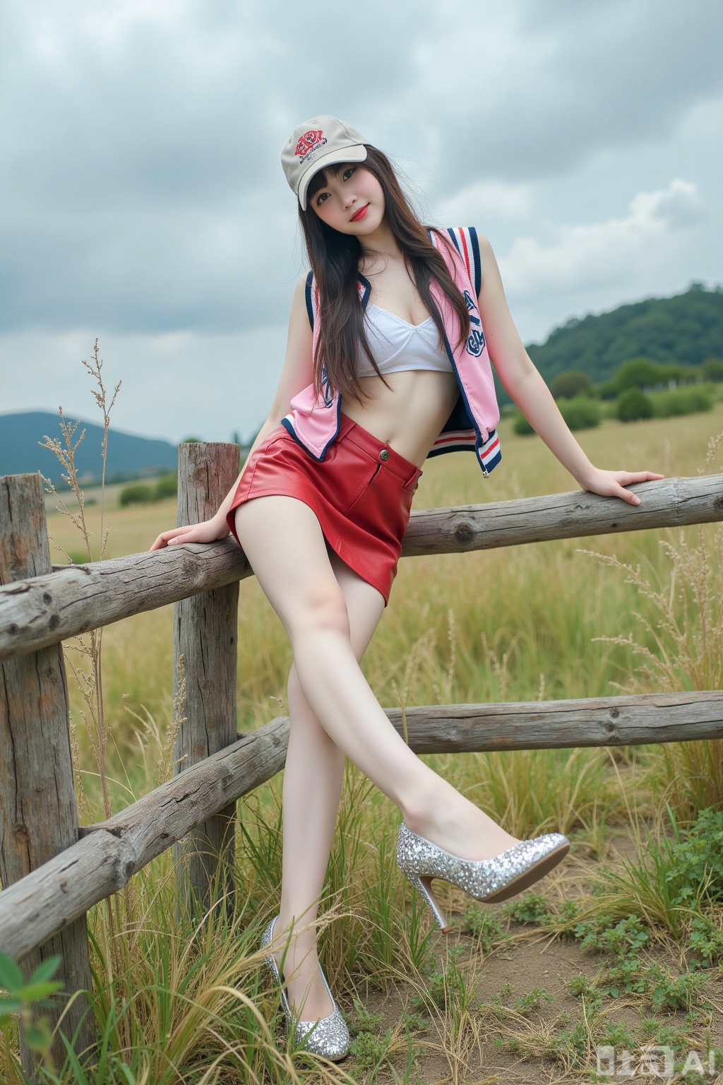Realistic photo of a young woman with long hair, baseball cap, fair skin, big breasts, short sports vest, exposed belly, short leather skirt, long legs, sequined high heels, full body, sitting in Mulan Mountain, one foot on the fence, the other foot close to the camera, summer outdoor grassland, perspective lens,