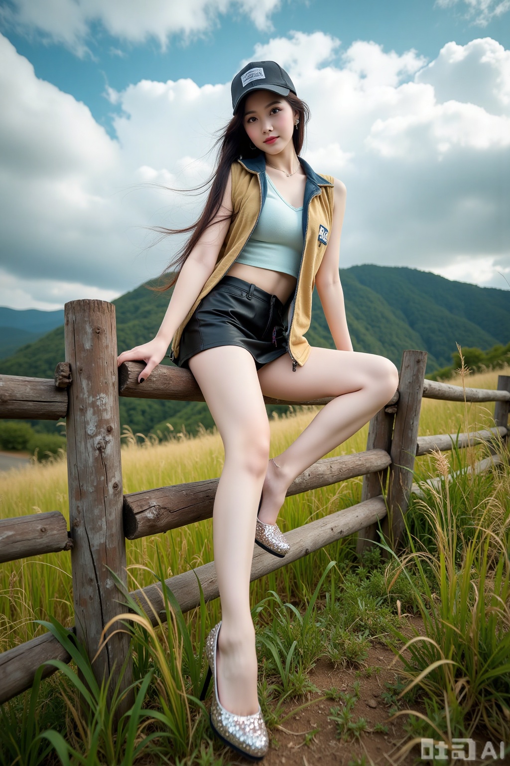 Realistic photo of a young woman with long hair, baseball cap, fair skin, big breasts, short sports vest, exposed belly, short leather skirt, long legs, sequined high heels, full body, sitting in Mulan Mountain, one foot on the fence, the other foot close to the camera, summer outdoor grassland, perspective lens,