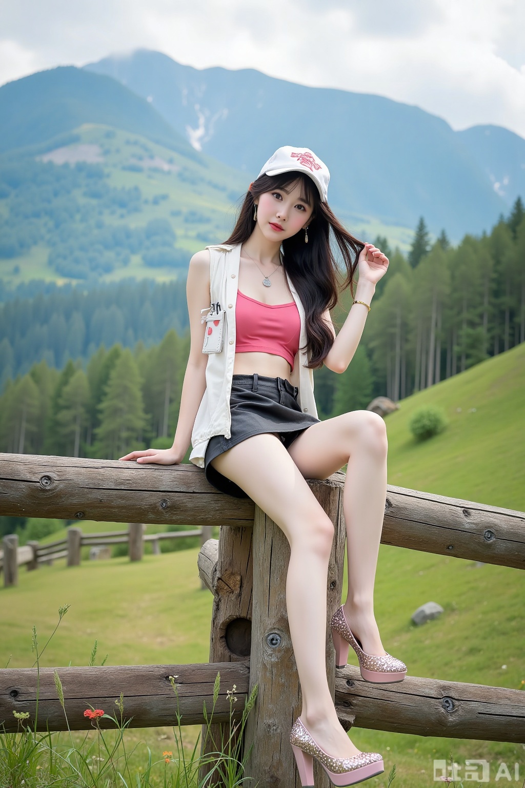 Realistic photo of a young woman with long hair, baseball cap, fair skin, big breasts, short sports vest, exposed belly, short leather skirt, long legs, sequined high heels, full body, sitting in Mulan Mountain, one foot on the fence, the other foot close to the camera, summer outdoor grassland, perspective lens,