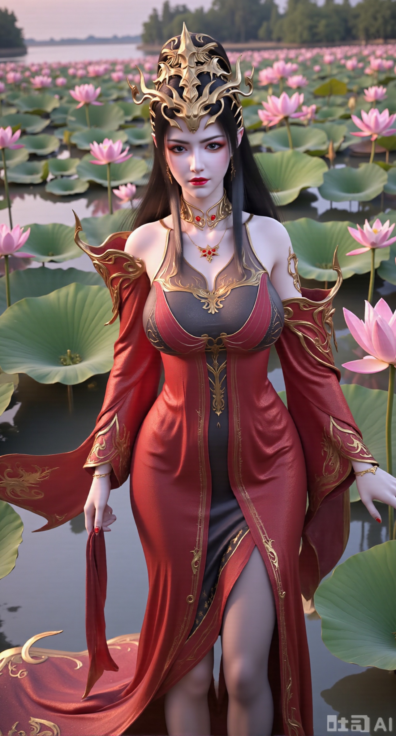  (masterpiece, best quality:1.2),1girl, navel, solo, midriff, bare shoulders, hair ornament,(long hair),(High double ponytail:1.49), red lips, BREAK, (looking at viewer:1.39), chinese clothes,(Holographic red|gold|black dress:1.36), (lace,Rainbow Gradient Color:1.28), BREAK,blurry, solo focus, long hair, lips, daytime, lipstick, outdoors, standing,upper body,(huge breasts:2.89), background, solo, makeup,(Stockings, high heels:1.29),(huge breasts:2.99),(full breasts:2.99),,(Background with lotus pond and pink lotus flowers:1.39),Xbaozhiyinhuaqun,Xlonger,Xxiaoli,Xtangheziqun,Xyunyunshouban,XgangshouCOS,Xgangshou,XQueenMedusa