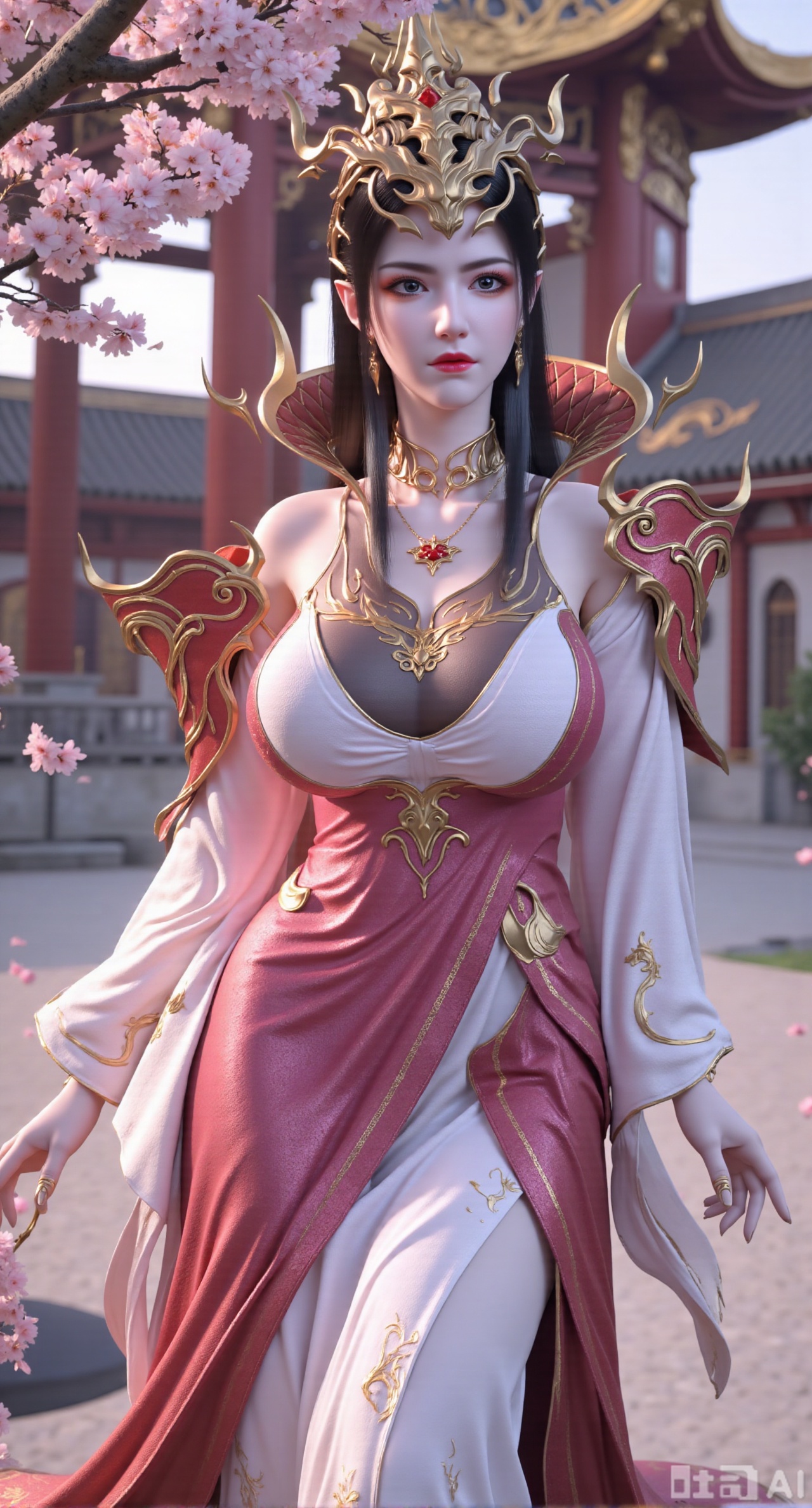 (masterpiece, best quality:1.2),1girl, solo, long hair, breasts, looking at viewer, large breasts, hair ornament, dress, bare shoulders, jewelry, purple eyes, long hair, flower, earrings, outdoors, parted lips, necklace, hand on hip, petals, hanfu dress, cherry blossoms, long dress, architecture, east asian architecture, falling petals,(gigantic breasts:2.99),(full breasts:2.99),Xbaozhiyinhuaqun,Xlonger,Xxiaoli,Xtangheziqun,Xyunyunshouban,XgangshouCOS,Xgangshou,XQueenMedusa