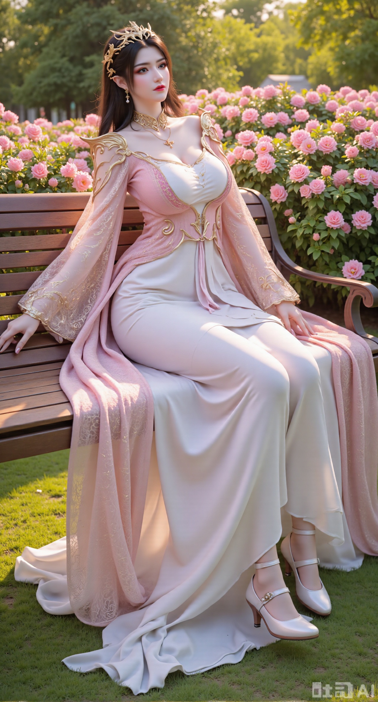 (masterpiece, best quality:1.2),A beauty wearing a pearl hairband dons a long dress, paired with a sheer knitted cardigan and Mary Jane shoes. Leaning on a garden bench filled with macaron - colored flowers,.Sunlight filters through the leaves onto her face, creating a lazy and gentle atmosphere, and her skirt sways softly in the breeze. 8K resolution, detailed texture of knitted fabric, lustrous pearl texture, vivid flower colors, soft natural light, Instagram - style filter texture.,(huge breasts:2.99),(full breasts:2.99),Xbaozhiyinhuaqun,Xlonger,Xxiaoli,Xtangheziqun,Xyunyunshouban,XgangshouCOS,Xgangshou,XQueenMedusa