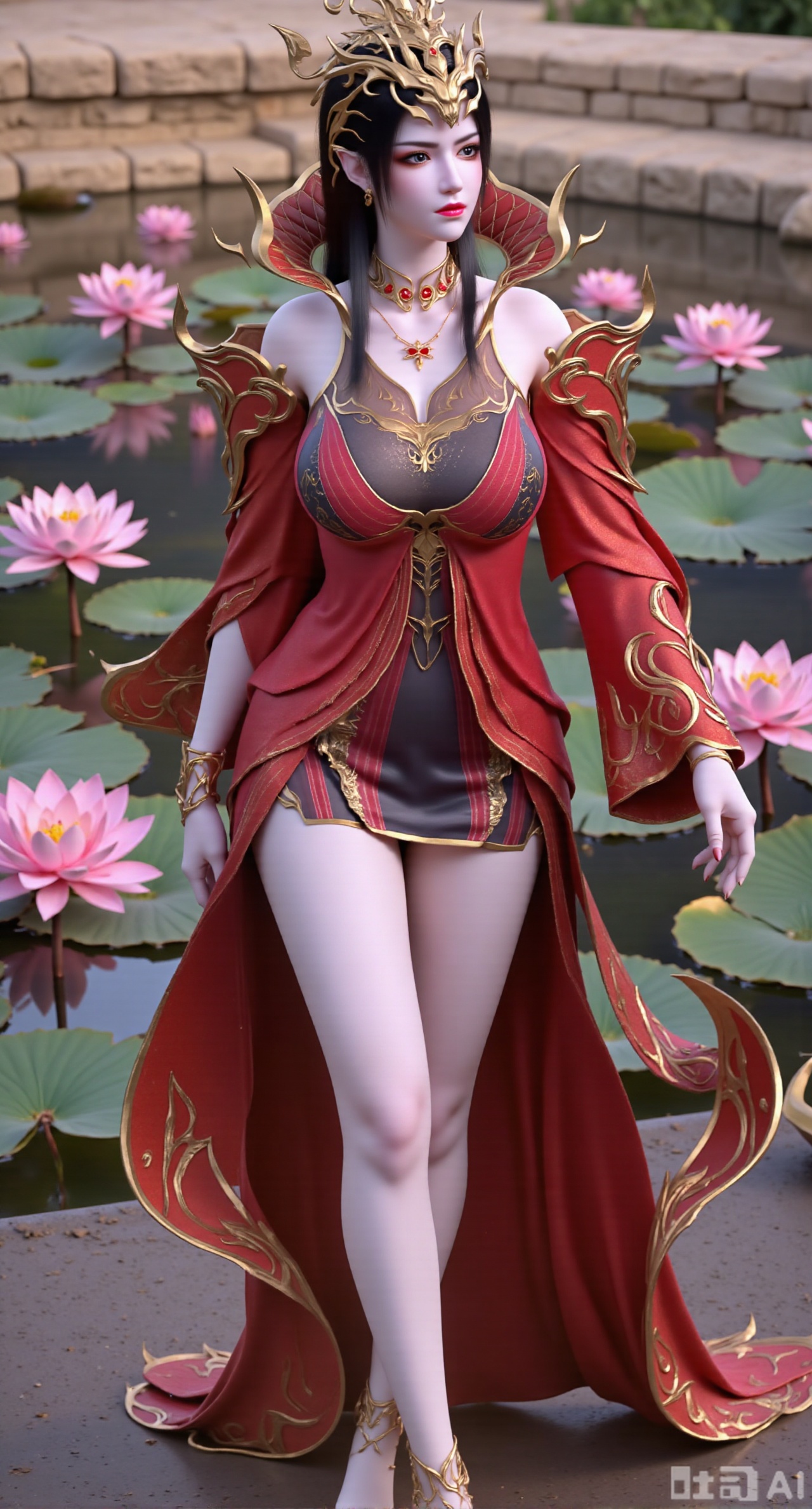  (masterpiece, best quality:1.2),1girl, navel, solo, midriff, bare shoulders, hair ornament,(long hair),(High double ponytail:1.49), red lips, BREAK, (looking at viewer:1.39), chinese clothes,(Holographic red|gold|black dress:1.36), (lace,Rainbow Gradient Color:1.28), BREAK,blurry, solo focus, long hair, lips, daytime, lipstick, outdoors, standing,upper body,(huge breasts:2.89), background, solo, makeup,(Stockings, high heels:1.29),(huge breasts:2.99),(full breasts:2.99),,(Background with lotus pond and pink lotus flowers:1.39),Xbaozhiyinhuaqun,Xlonger,Xxiaoli,Xtangheziqun,Xyunyunshouban,XgangshouCOS,Xgangshou,XQueenMedusa