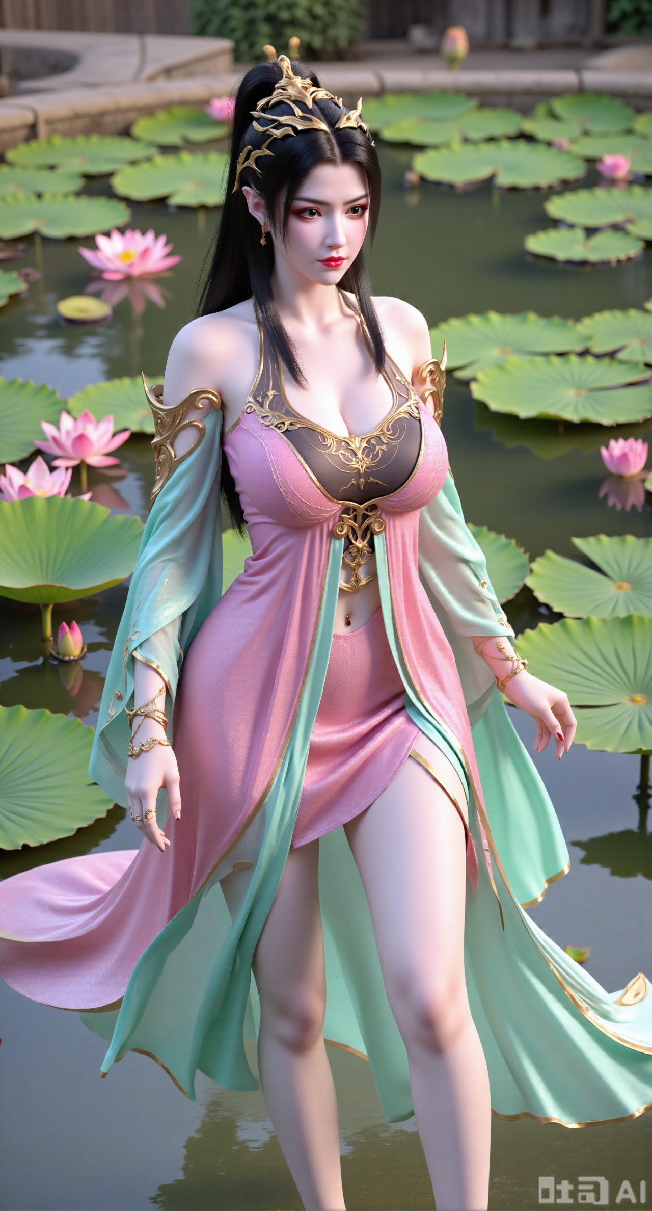  (masterpiece, best quality:1.2),1girl, navel, solo, midriff, bare shoulders, hair ornament,(long hair),(High double ponytail:1.49), red lips, BREAK, (looking at viewer:1.39), chinese clothes,(Holographic pink|green dress:1.36), (lace,Rainbow Gradient Color:1.28), BREAK,blurry, solo focus, long hair, lips, daytime, lipstick, outdoors, standing,upper body,(huge breasts:2.89), background, solo, makeup,(Liquid glass style flowers:1.49),(huge breasts:2.99),(full breasts:2.99),,(Background with lotus pond and pink lotus flowers:1.39),Xbaozhiyinhuaqun,Xlonger,Xxiaoli,Xtangheziqun,Xyunyunshouban,XgangshouCOS,Xgangshou,XQueenMedusa