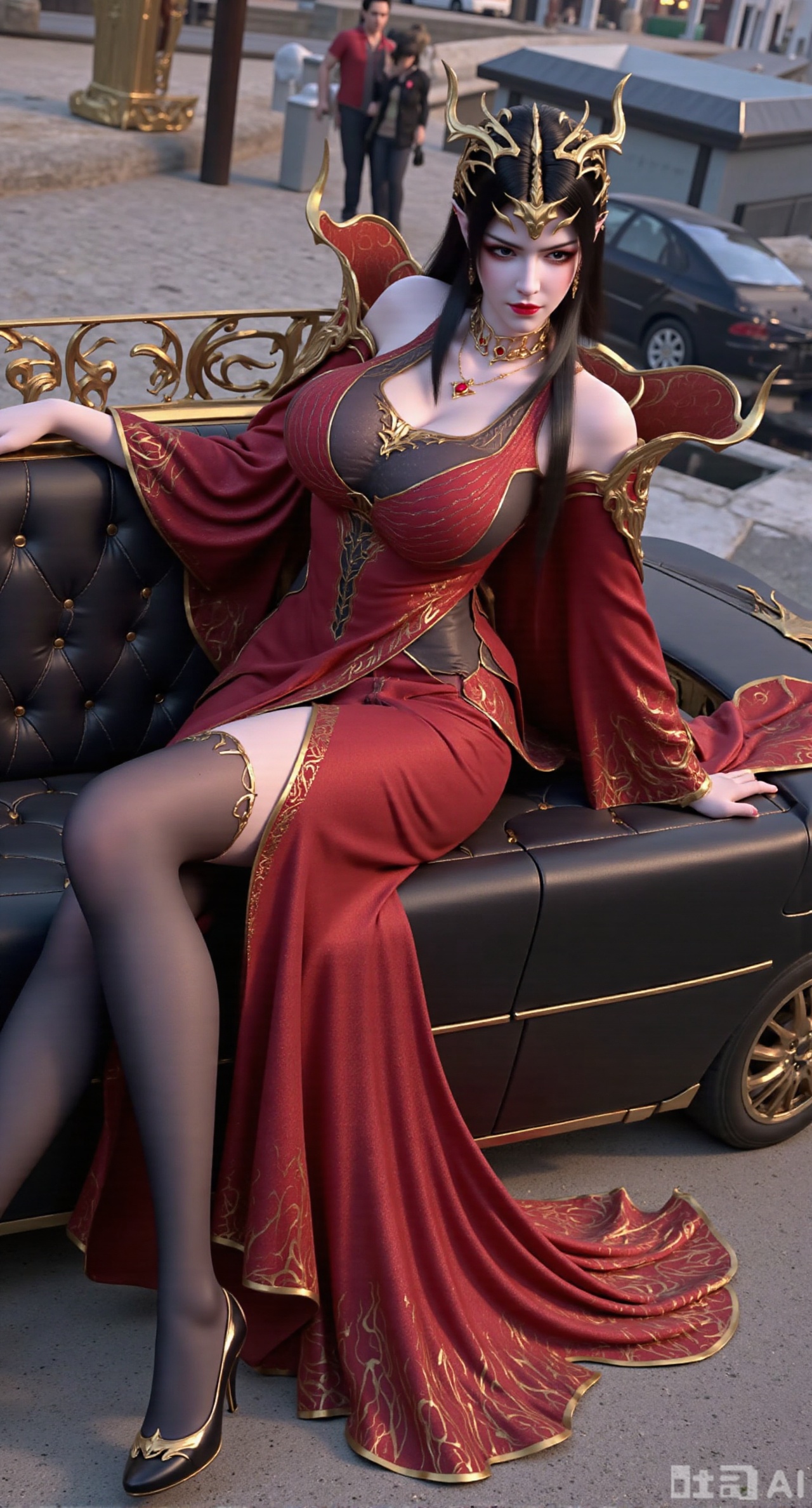 (masterpiece, best quality:1.2),1girl, solo, long hair,,(red|gold|black long dress). black Stockings, high heels,black hair, thighhighs, dress, jewelry, medium breasts, sitting, earrings, outdoors, pointy ears, necklace, looking to the side, red dress, ground vehicle, single thighhigh, motor vehicle, car, asymmetrical clothes, sports car,,(gigantic breasts:2.99),(full breasts:2.99),Xbaozhiyinhuaqun,Xlonger,Xxiaoli,Xtangheziqun,Xyunyunshouban,XgangshouCOS,Xgangshou,XQueenMedusa