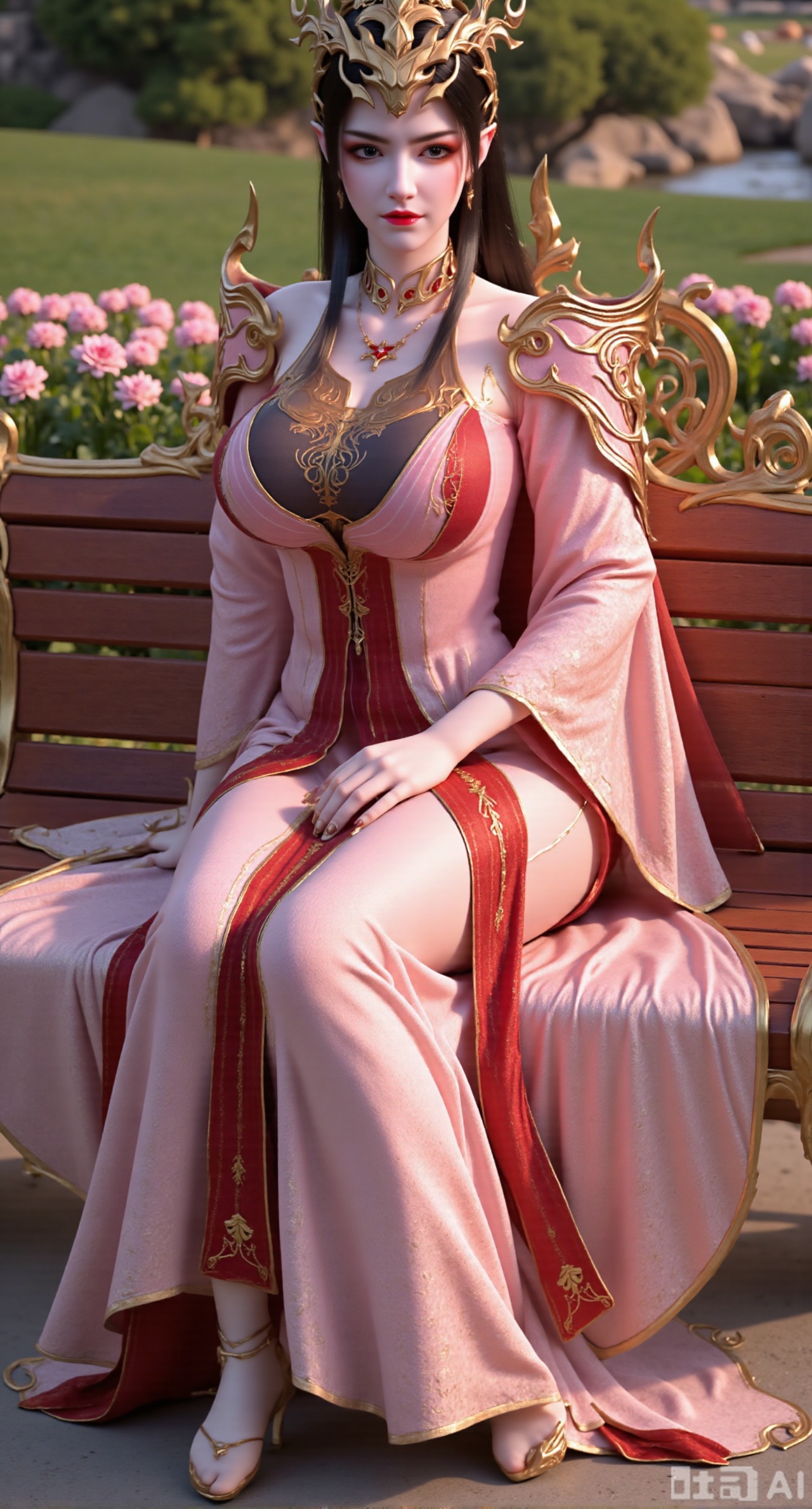 (masterpiece, best quality:1.2),A beauty ,(red|gold|black long dress). black Stockings, high heels,, Holding a 6-year-old girl in her arms, the little girl is wearing a pink Tang Dynasty-style Hezi skirt Hanfu. Leaning on a garden bench filled with macaron - colored flowers,.Sunlight filters through the leaves onto her face, creating a lazy and gentle atmosphere, and her skirt sways softly in the breeze. 8K resolution, detailed texture of knitted fabric, lustrous pearl texture, vivid flower colors, soft natural light, Instagram - style filter texture.,(huge breasts:2.99),(full breasts:2.99),Xbaozhiyinhuaqun,Xlonger,Xxiaoli,Xtangheziqun,Xyunyunshouban,XgangshouCOS,Xgangshou,XQueenMedusa