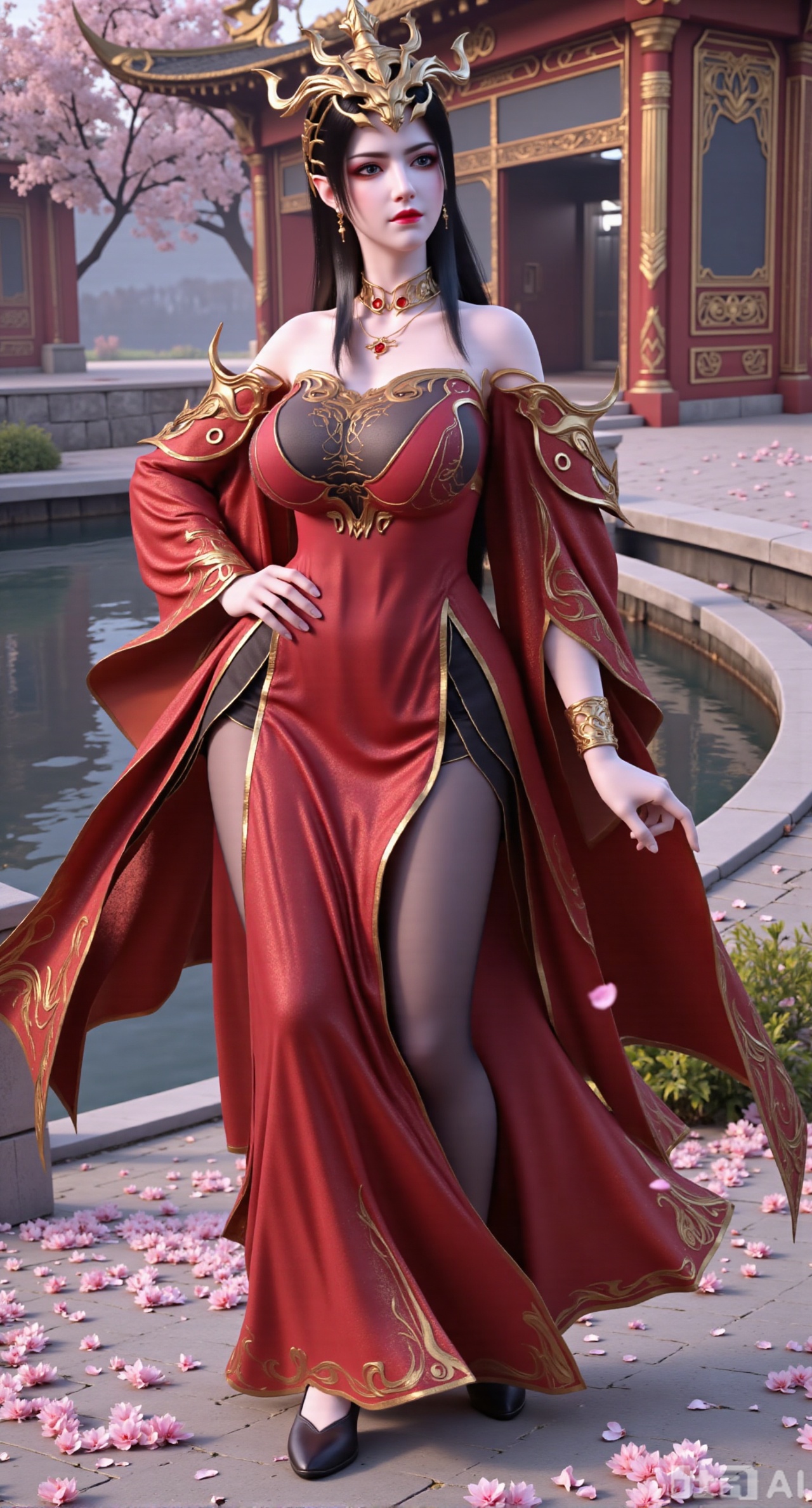 (masterpiece, best quality:1.2),1girl, solo, long hair,,(red|gold|black long dress). black Stockings, high heels,, looking at viewer, hair ornament, bare shoulders, jewelry, purple eyes, long hair, flower, earrings, outdoors, parted lips, necklace, hand on hip, petals, hanfu dress, cherry blossoms, long dress, architecture, east asian architecture, falling petals,(gigantic breasts:2.99),(full breasts:2.99),Xbaozhiyinhuaqun,Xlonger,Xxiaoli,Xtangheziqun,Xyunyunshouban,XgangshouCOS,Xgangshou,XQueenMedusa