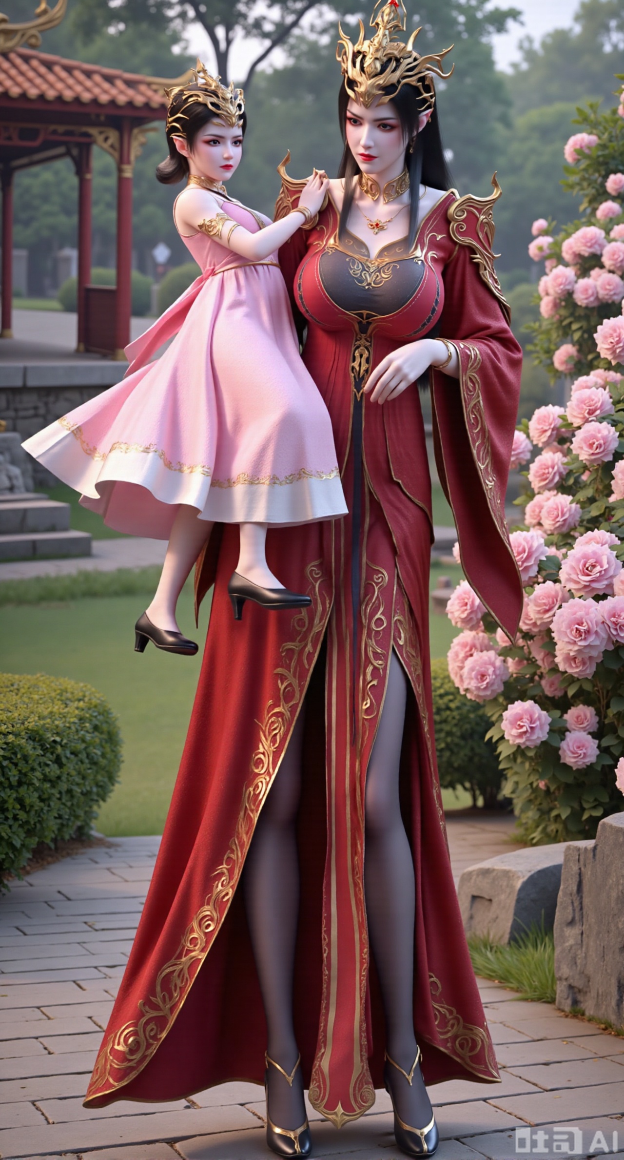 (masterpiece:1.2),best quality,,A woman ,(red|gold|black long dress). black Stockings, high heels,Holding a 6-year-old girl in her arms, the little girl is wearing a pink Tang Dynasty-style Hezi skirt Hanfu,A garden filled with pink roses and lush greenery. Soft pastel hues of white,blue,and green,creating a serene atmosphere. Photorealistic photography.,,(huge breasts:2.99),(full breasts:2.99),Xbaozhiyinhuaqun,Xlonger,Xxiaoli,Xtangheziqun,Xyunyunshouban,XgangshouCOS,Xgangshou,XQueenMedusa