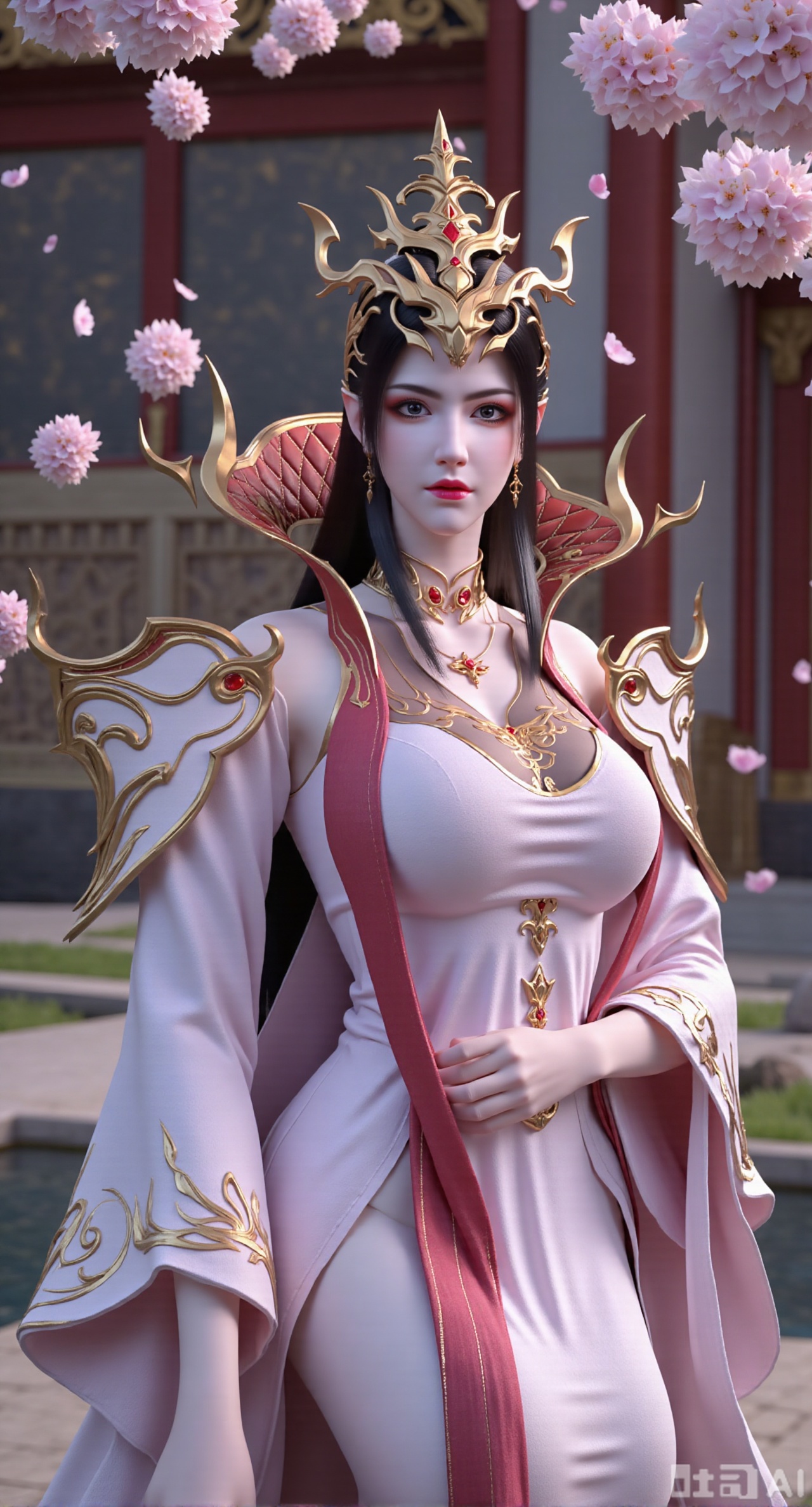 (masterpiece, best quality:1.2),1girl, solo, long hair, breasts, looking at viewer, large breasts, hair ornament, dress, bare shoulders, jewelry, purple eyes, long hair, flower, earrings, outdoors, parted lips, necklace, hand on hip, petals, hanfu dress, cherry blossoms, long dress, architecture, east asian architecture, falling petals,(gigantic breasts:2.99),(full breasts:2.99),Xbaozhiyinhuaqun,Xlonger,Xxiaoli,Xtangheziqun,Xyunyunshouban,XgangshouCOS,Xgangshou,XQueenMedusa