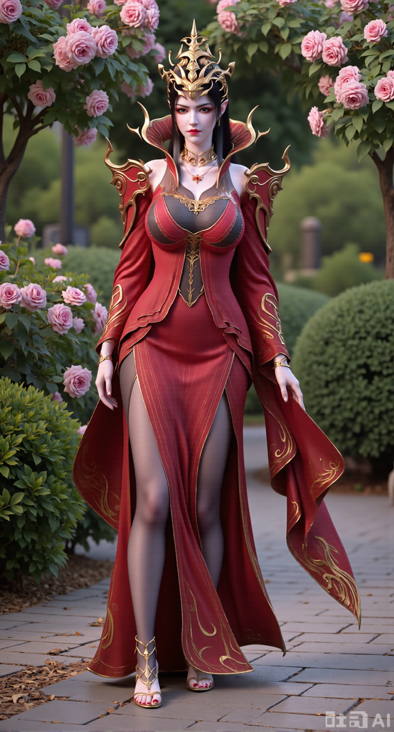 (masterpiece:1.2),best quality,,A woman ,(red|gold|black long dress). black Stockings, high heels,A garden filled with pink roses and lush greenery. Soft pastel hues of white,blue,and green,creating a serene atmosphere. Photorealistic photography.,,(huge breasts:2.99),(full breasts:2.99),Xbaozhiyinhuaqun,Xlonger,Xxiaoli,Xtangheziqun,Xyunyunshouban,XgangshouCOS,Xgangshou,XQueenMedusa