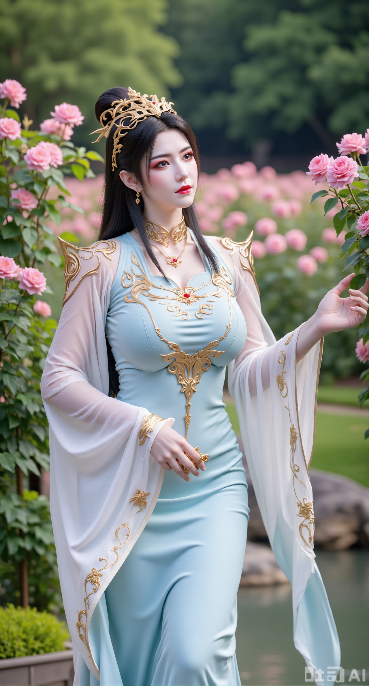 sfw,(masterpiece:1.2),best quality,,A woman adorned in traditional Chinese attire,featuring a flowing robe with intricate embroidery and floral accents. A garden filled with pink roses and lush greenery. Soft pastel hues of white,blue,and green,creating a serene atmosphere. Photorealistic photography.,,(huge breasts:2.99),(full breasts:2.99),Xbaozhiyinhuaqun,Xlonger,Xxiaoli,Xtangheziqun,Xyunyunshouban,XgangshouCOS,Xgangshou,XQueenMedusa