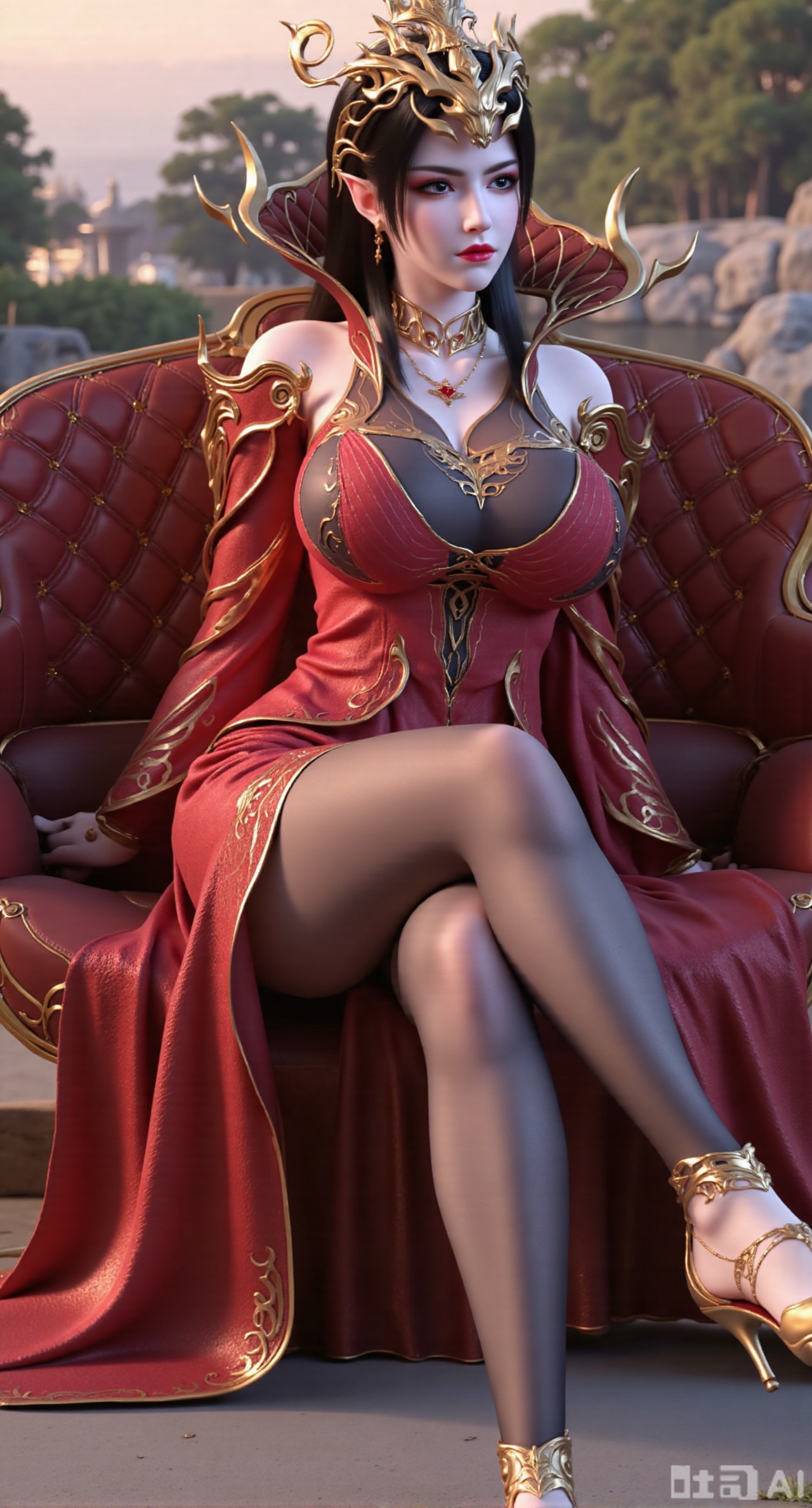 (masterpiece, best quality:1.2),1girl, solo, long hair,,(red|gold|black long dress). black Stockings, high heels,black hair, thighhighs, dress, jewelry, medium breasts, sitting, earrings, outdoors, pointy ears, necklace, looking to the side, red dress, ground vehicle, single thighhigh, motor vehicle, car, asymmetrical clothes, sports car,,(gigantic breasts:2.99),(full breasts:2.99),Xbaozhiyinhuaqun,Xlonger,Xxiaoli,Xtangheziqun,Xyunyunshouban,XgangshouCOS,Xgangshou,XQueenMedusa