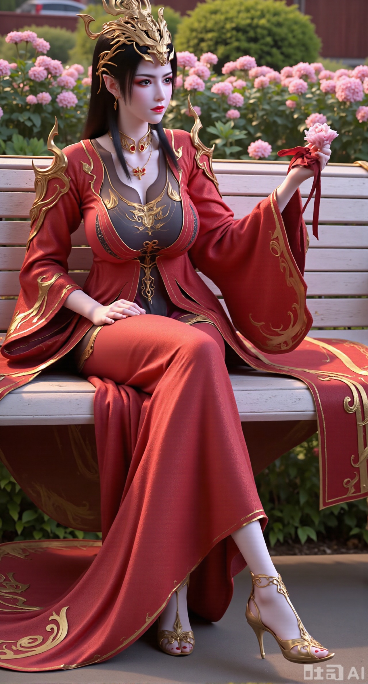 (masterpiece, best quality:1.2),A beauty ,(red|gold|black long dress). black Stockings, high heels,, (Holding a 6-year-old girl in her arms, the little girl is wearing a Tang Dynasty-style Hezi skirt Hanfu:1.29). Leaning on a garden bench filled with macaron - colored flowers,.Sunlight filters through the leaves onto her face, creating a lazy and gentle atmosphere, and her skirt sways softly in the breeze. 8K resolution, detailed texture of knitted fabric, lustrous pearl texture, vivid flower colors, soft natural light, Instagram - style filter texture.,(huge breasts:2.99),(full breasts:2.99),Xbaozhiyinhuaqun,Xlonger,Xxiaoli,Xtangheziqun,Xyunyunshouban,XgangshouCOS,Xgangshou,XQueenMedusa