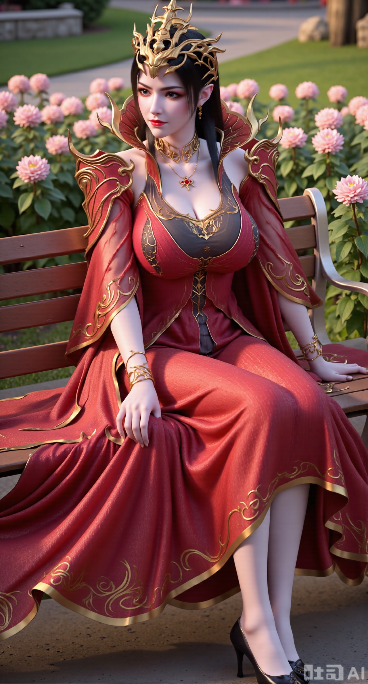 (masterpiece, best quality:1.2),A beauty ,(red|gold|black long dress). black Stockings, high heels,, paired with a sheer knitted cardigan and Mary Jane shoes. Leaning on a garden bench filled with macaron - colored flowers,.Sunlight filters through the leaves onto her face, creating a lazy and gentle atmosphere, and her skirt sways softly in the breeze. 8K resolution, detailed texture of knitted fabric, lustrous pearl texture, vivid flower colors, soft natural light, Instagram - style filter texture.,(huge breasts:2.99),(full breasts:2.99),Xbaozhiyinhuaqun,Xlonger,Xxiaoli,Xtangheziqun,Xyunyunshouban,XgangshouCOS,Xgangshou,XQueenMedusa