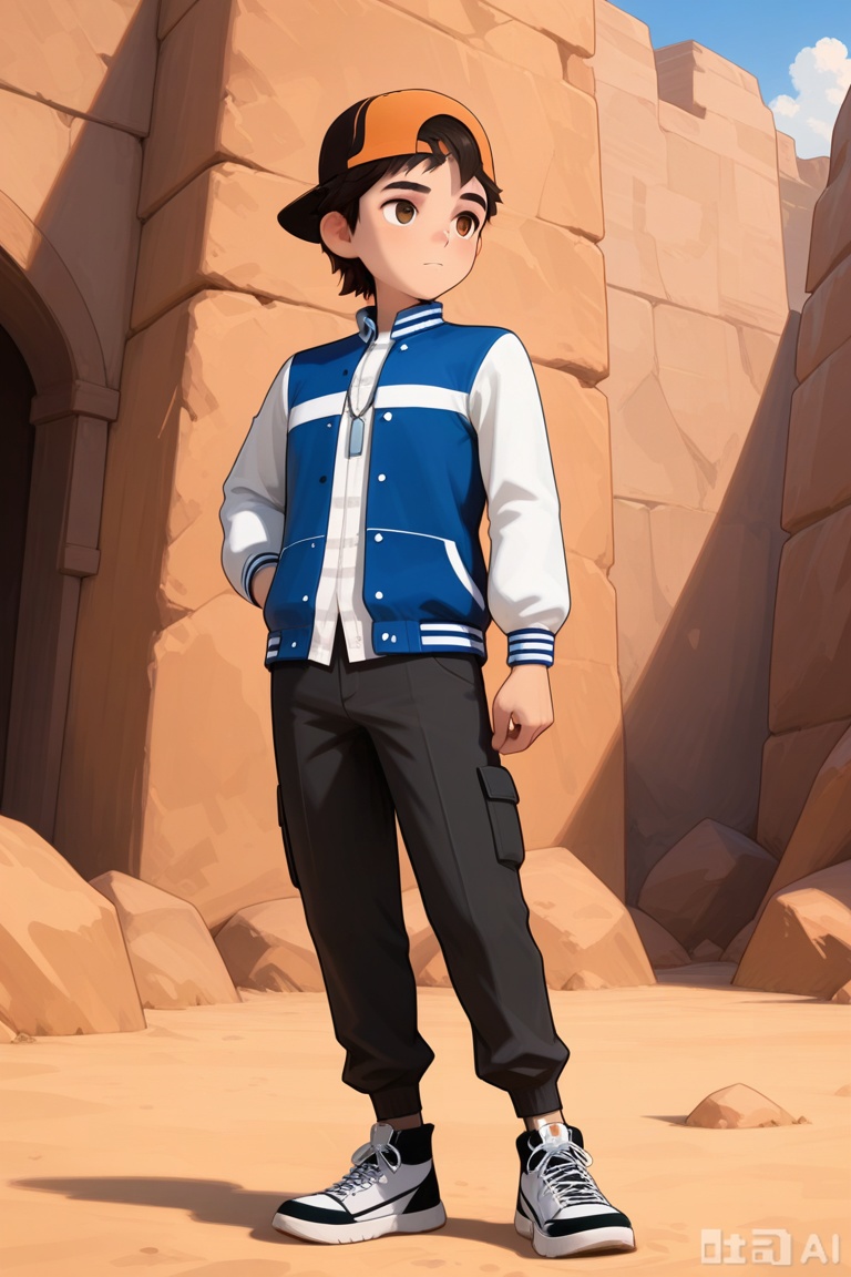  baseball cap,blue letterman jacket,black pants,bobby\(ancient kingdom\),sneakers,1boy